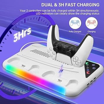 PS5 Slim Konsol Disk/Dijital, Beyaz için Soğutma İstasyonu ve Kontrol Cihazı Şarj İstasyonlu PS5 İnce Stand