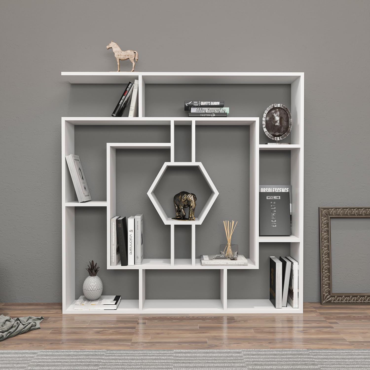 Decorotika 53" Labrina Geometric Bookcase for Home & Office (White)