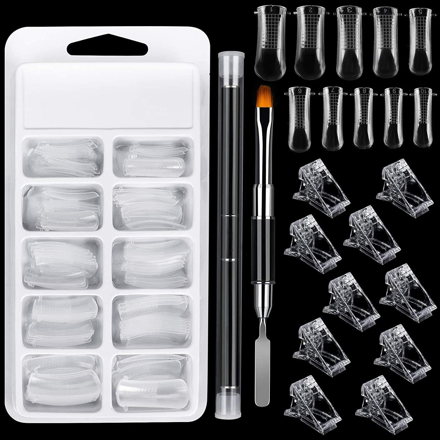 Poly Gel Quick Building Nail Set,100Pcs False Nail Mold Clear Nail Extension Form Tips,10 Nail Tips Clip And 1Pcs Dual-Ended Poly Extension Brush Picker For Polygel Extension,Home Salon