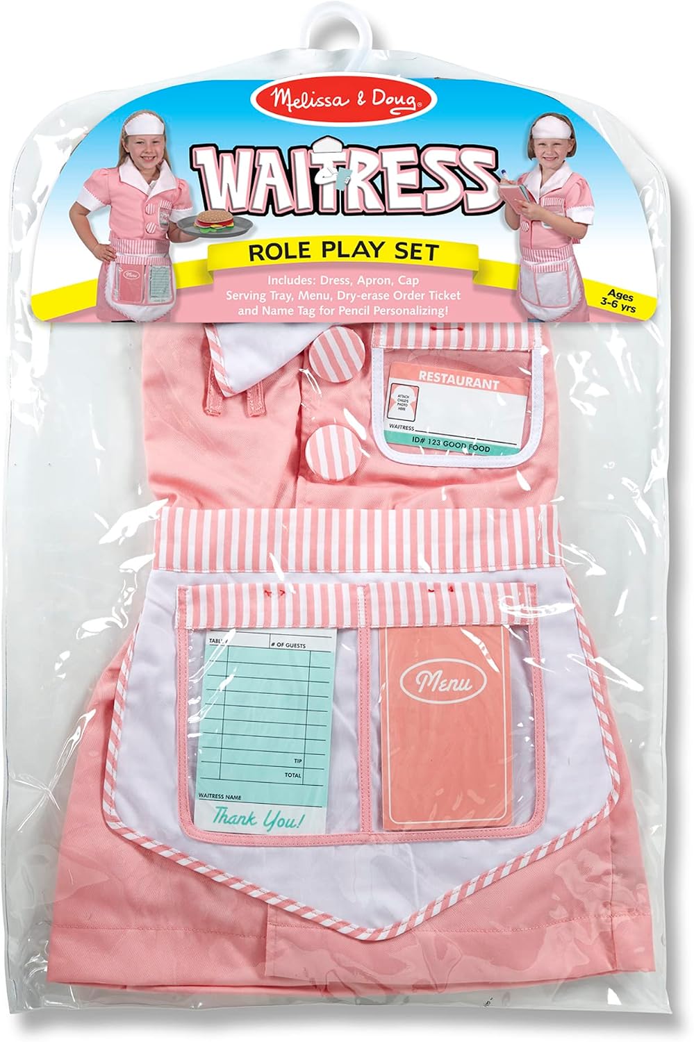 Melissa & Doug Waitress Role Play Costume Set (7 pcs) - Includes Apron, Order Pad, Cap Pink 3-6 years