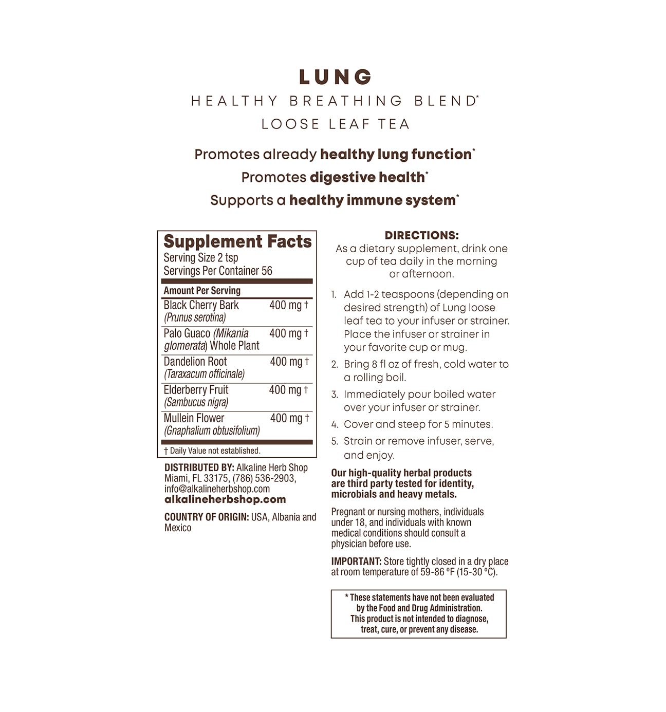 Alkaline Herb Shop - Happy Lung Tea Supplement - Made With Natural Wildcrafted Herbs - Mullein, Elderberry, Dandelion Root, Wild Cherry Bark. & Guaco - Vegan - Gluten-Free - 4 Oz Loose Leaf Herbal Tea