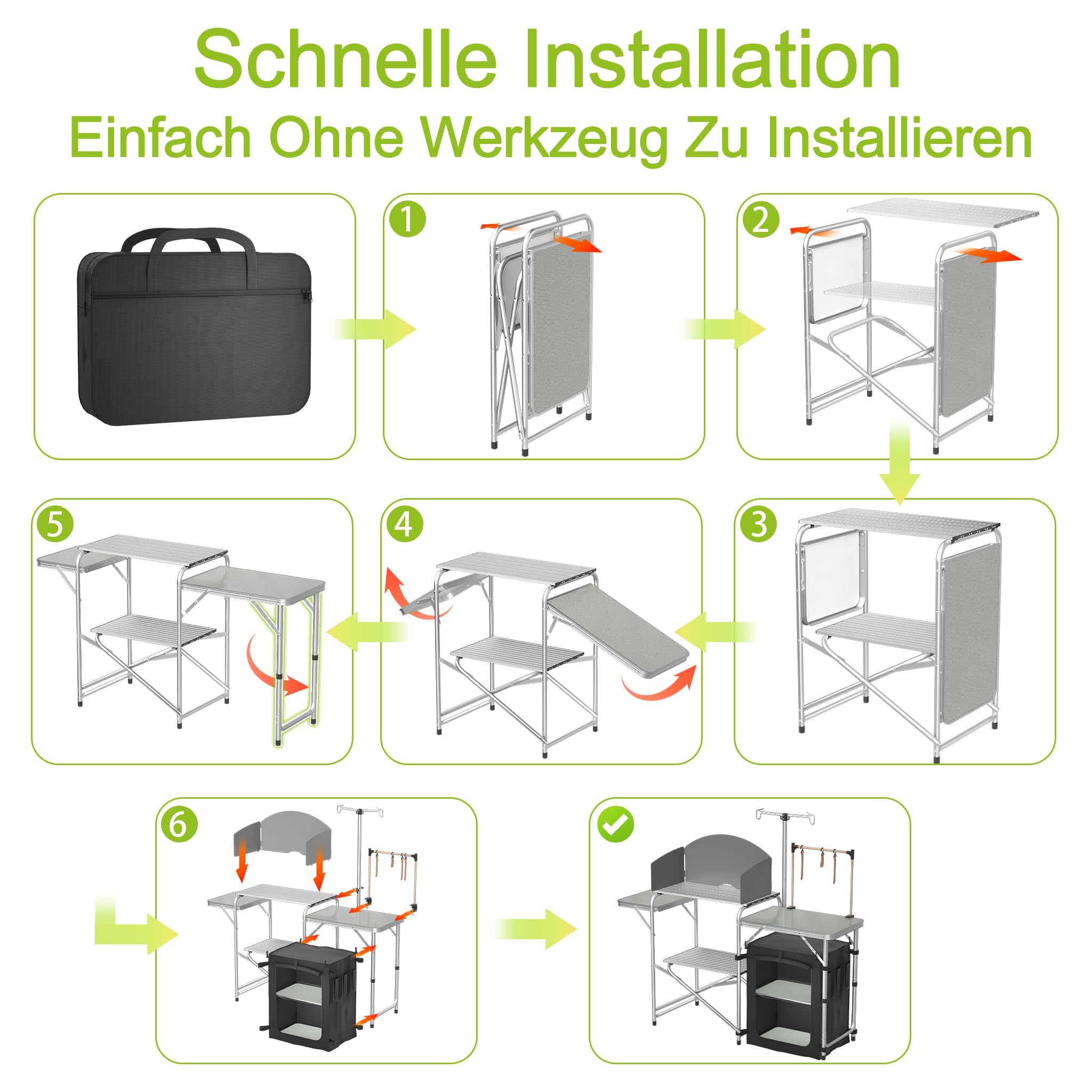AufuN Armoire de cuisine de camping pliable avec table de cuisine d'extérieur, compartiment robuste, 3 plans de travail, boîte de cuisine, cuisine de voyage pour camping, jardin, 146 x 46 x 141 cm