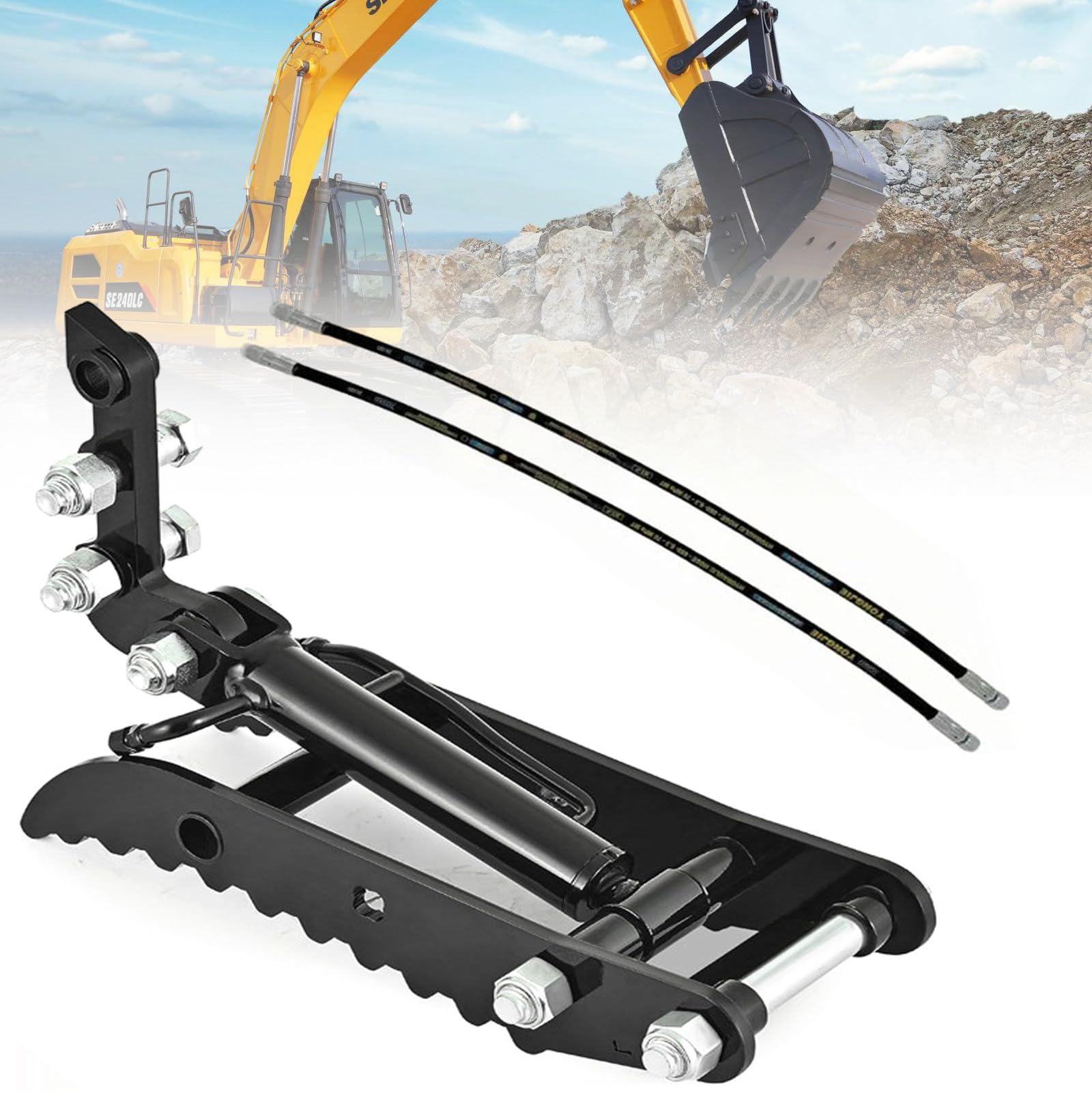 Hydrauliczny zacisk kciukowy do minikoparek, regulowany kąt i mocny uchwyt, zawiera 2 węże hydrauliczne, idealny do kompaktowych koparek