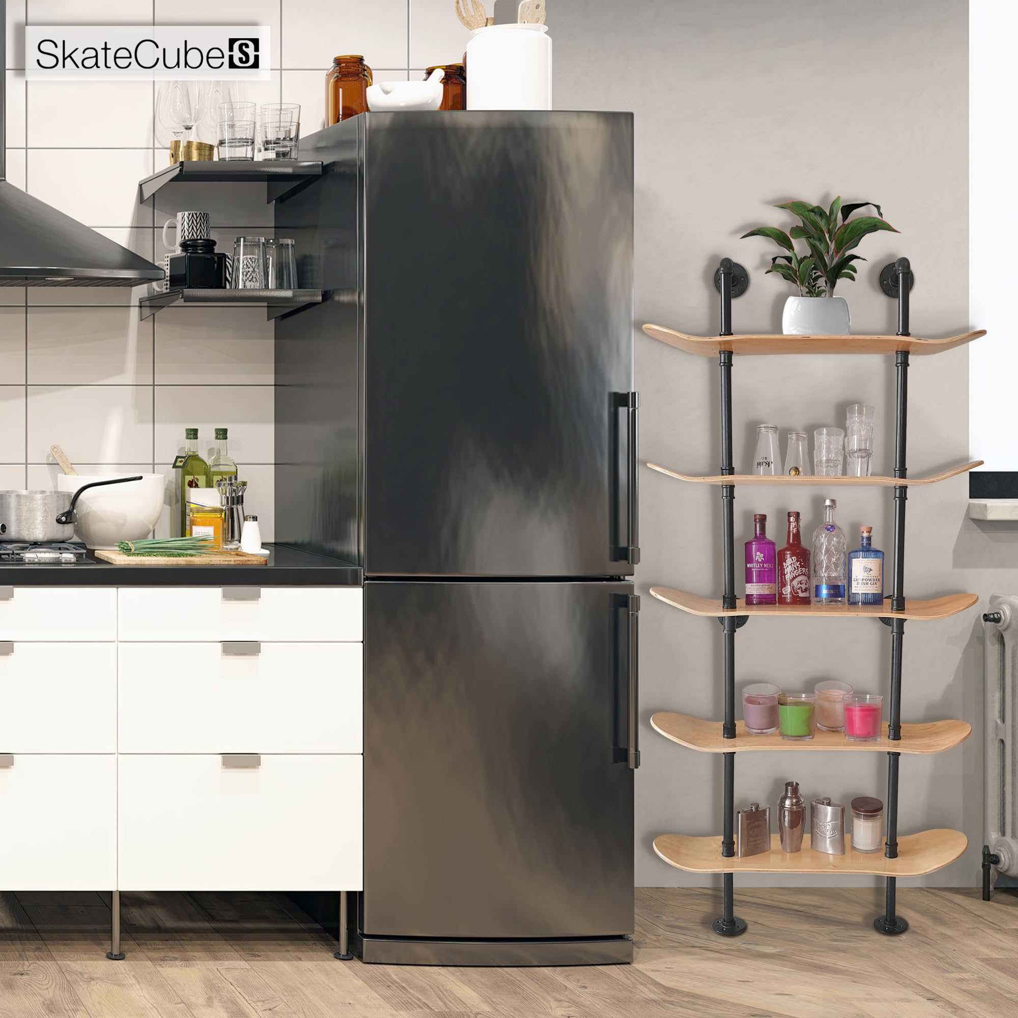 Estantes industriales – Estantería de tubería de decoración industrial de 5 niveles con cubiertas de patineta de 7 capas – Acabado de madera natural – Decoración de pared de baño, muebles de sala de 5