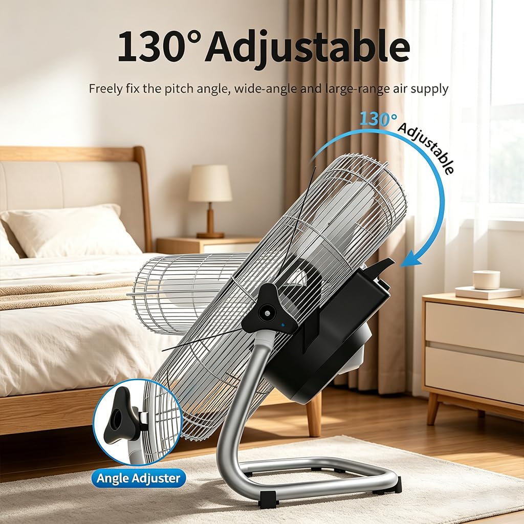 Ventilador Industrial Suelo con Estructura Metálica y 5 Aspas, Rotación de 130° para Talleres y Fábricas, Gran Flujo de Aire y Portabilidad (Negro,12 pulgadas)