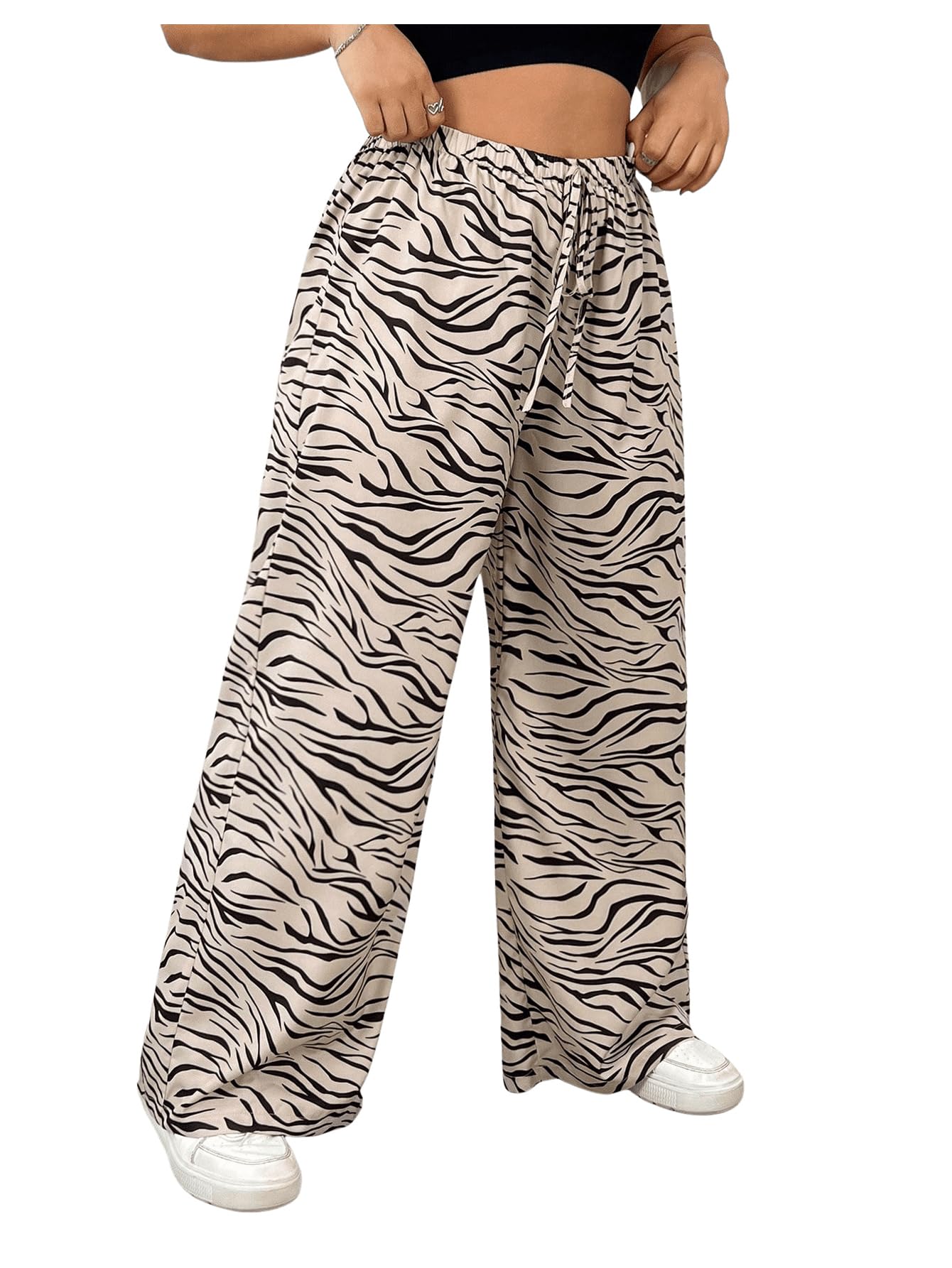 OYOANGLE Womens Plus Size All Over Print Pants Elastic High Waist Wide Leg Loose Pants Casual Trousers