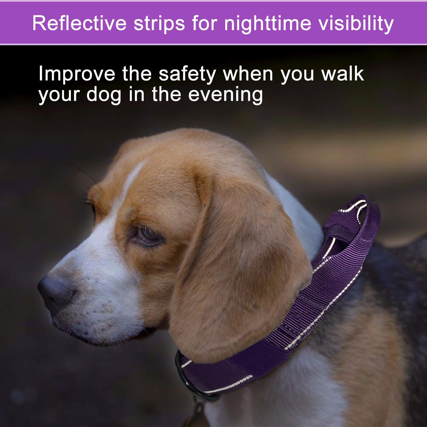 Collar táctico para perros grandes, collar reflectante resistente con mango de control y hebilla de metal para entrenamiento de perros (tamaño grande, morado)