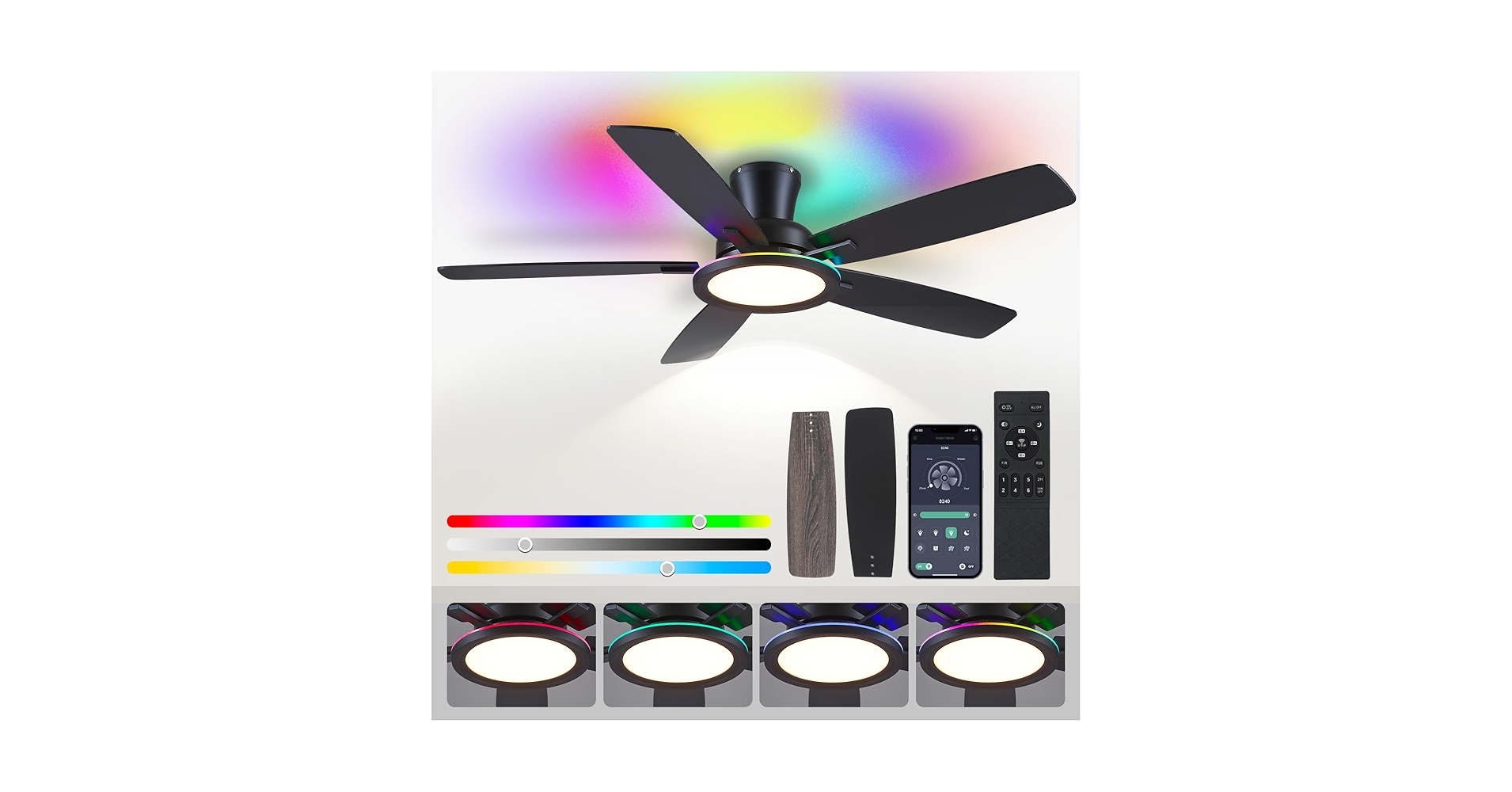 k.fsoon☆ BYKISTOK Flush Mount Ceiling Fan with RGB Light - 52In Black