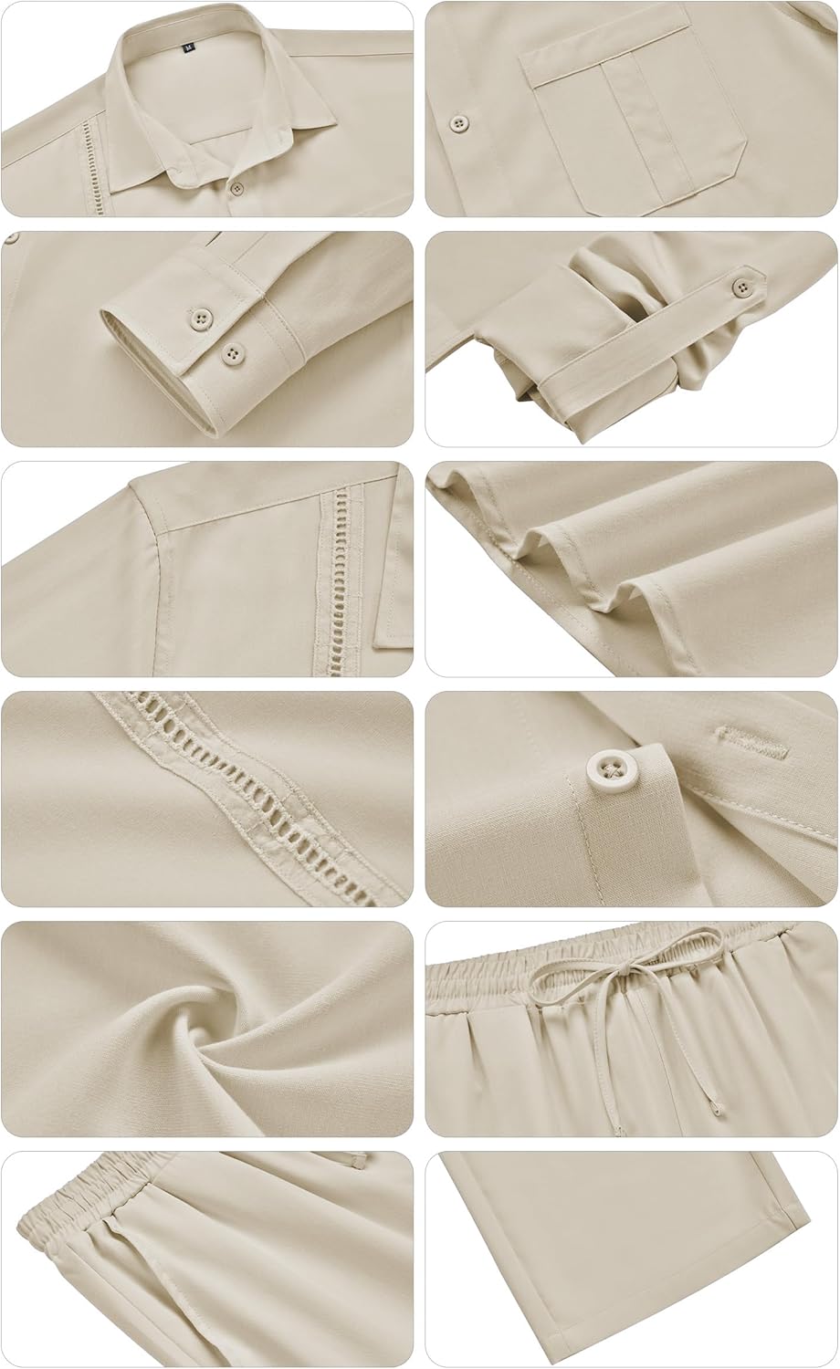 WEEN CHARM Mens Shirts Casual 2 Piece Long Sleeve Button Down Cuban Shirt and Pants Set Summer Beach Outfits - Image 7