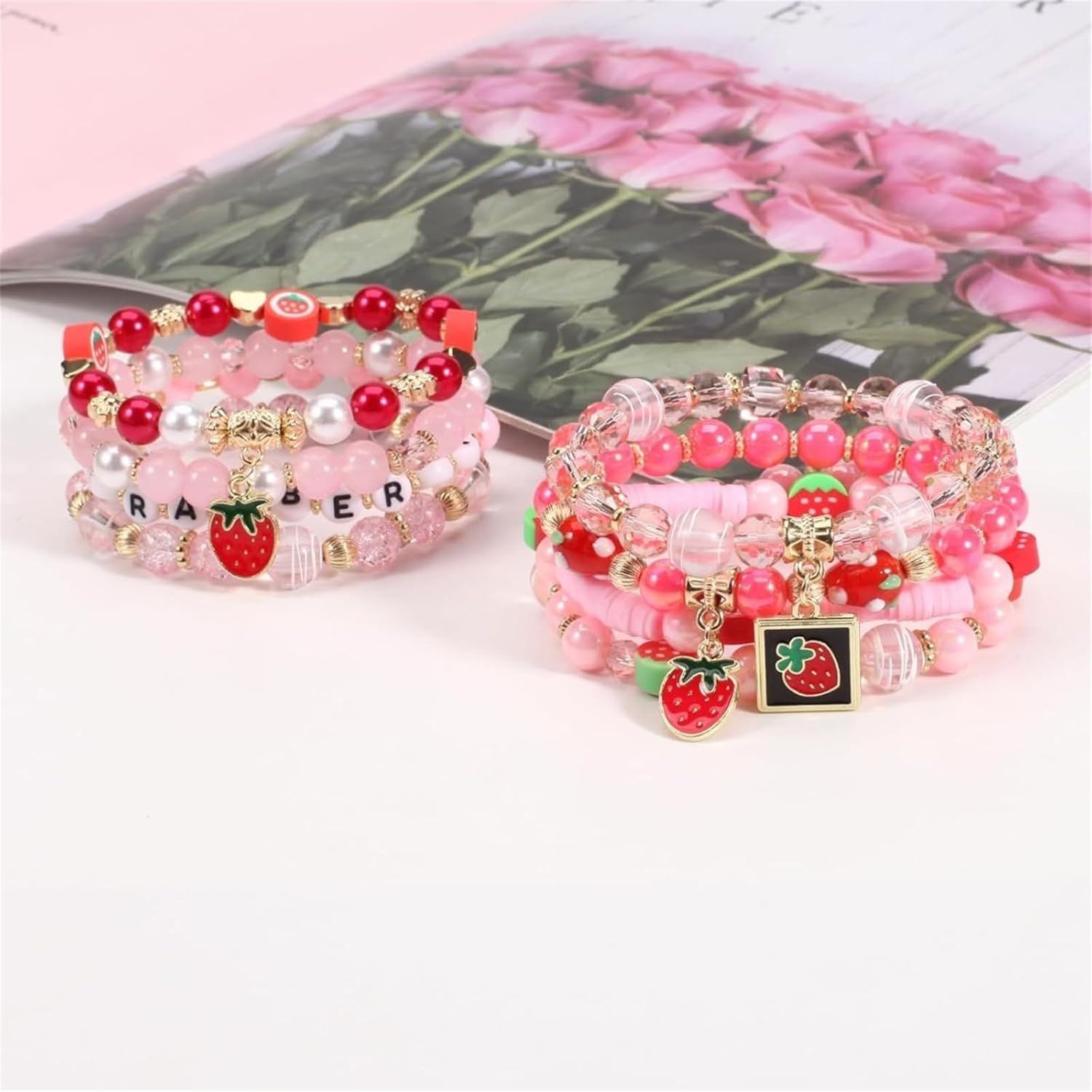 Dreuyet 8 Pcs Strawberry Bracelets Set for Women Stackable Heishi Beaded Stretch Fruit Bracelets Red Pink Multilayer Strawberry Friendship Charm Bracelet Halloween Jewelry Accessories - Image 4