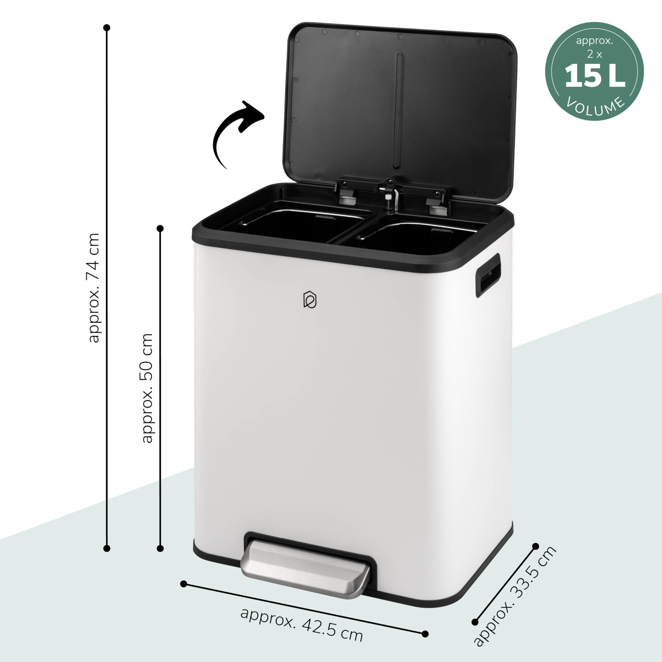 eluno Cubo de basura, 2 compartimentos con 15 litros de capacidad, cubos interiores extraíbles de plástico, asas laterales, pedal grande, sistema de separación de basura (blanco)