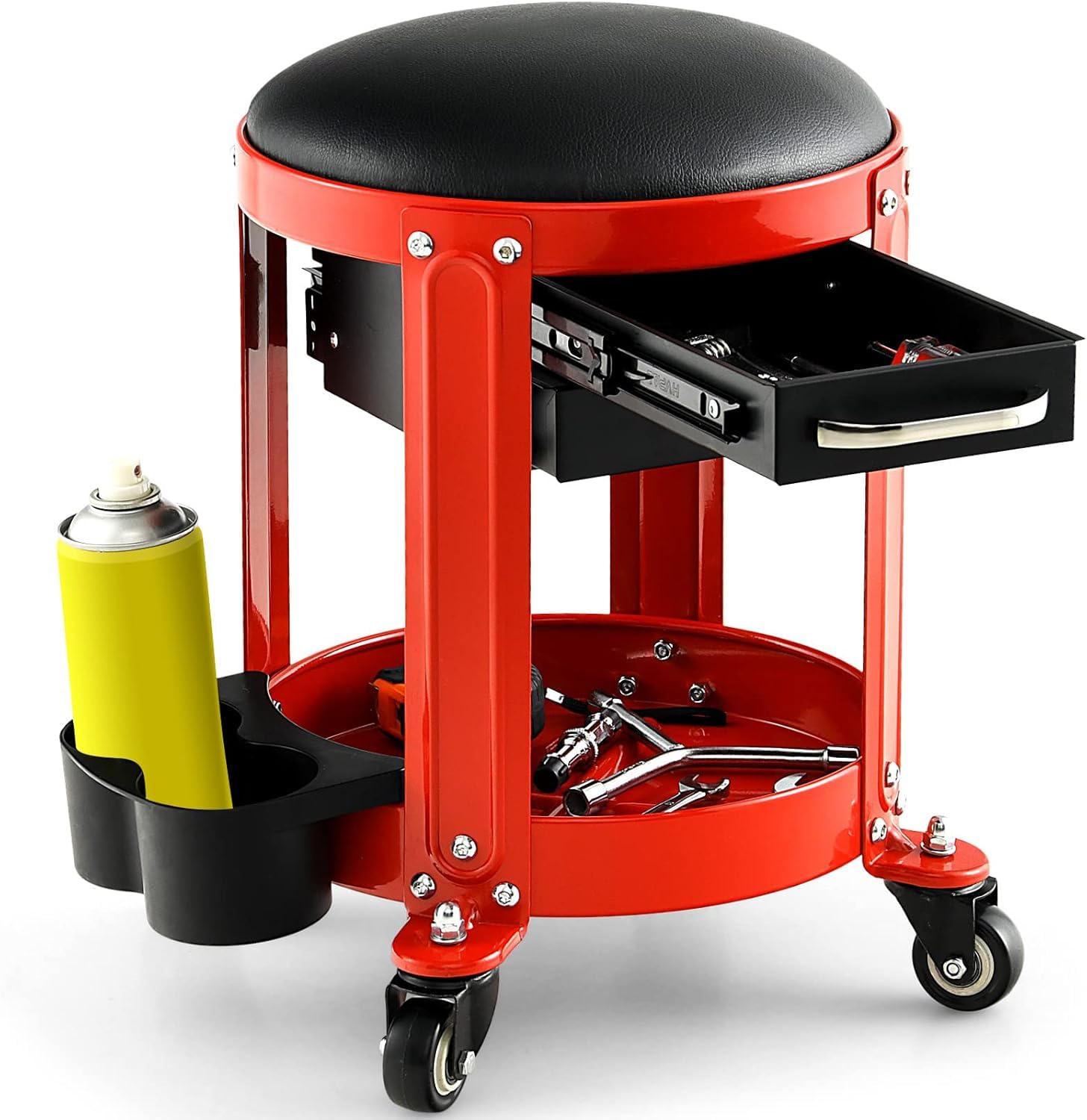 GYMAX Taburete Taller con Ruedas, hasta 150 kg, Taburete con Ruedas con Cajones Dobles, Soporte para Latas y 4 Ruedas Universales, Taburete Mecánico con Bandeja para Taller y Garaje