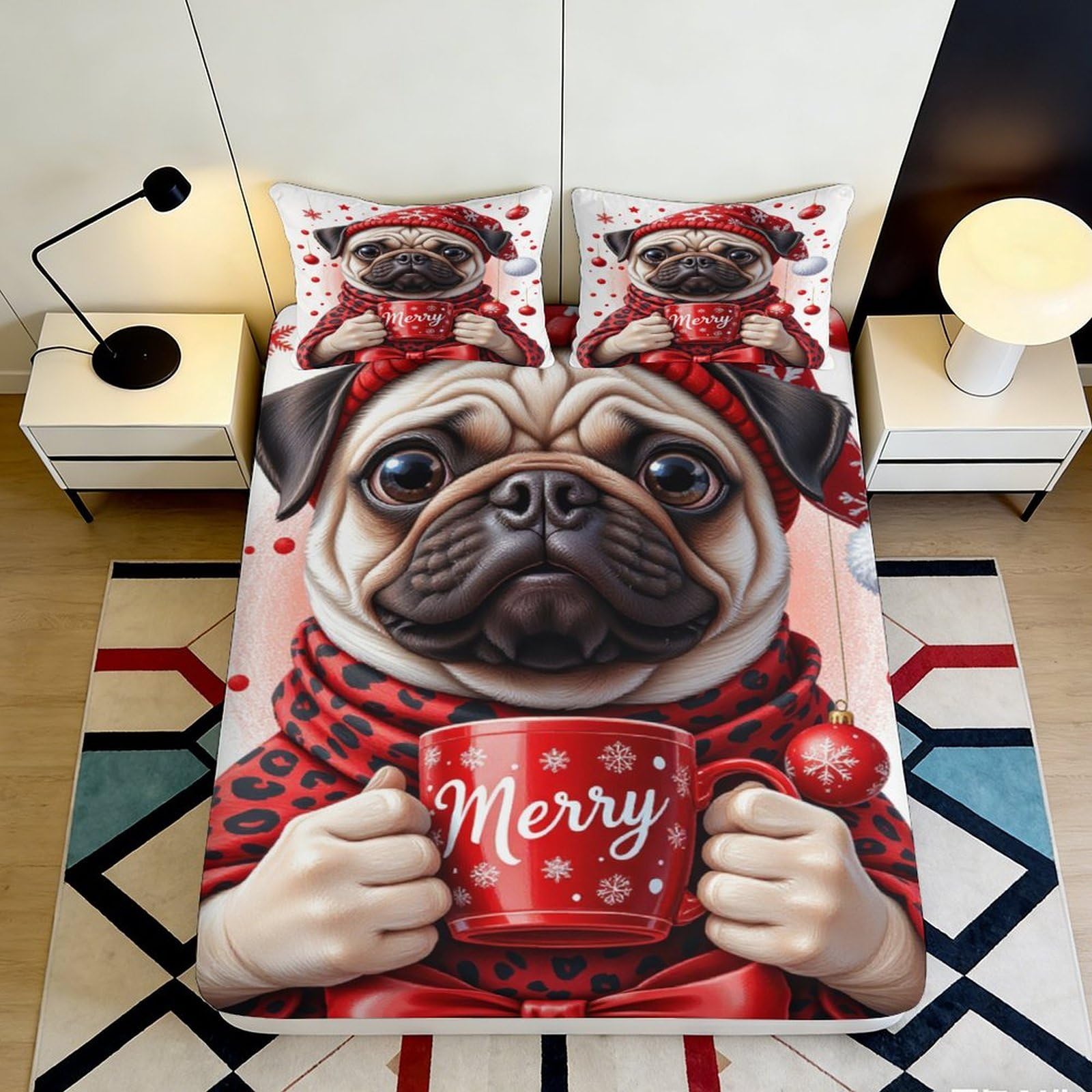 Pnayamiorkfel Style-5 3D Printed Christmas Pug Fitted Sheet Microfiber Soft Red Mug Cartoon Dog Bed Cover For Bedroom Guest Room Decor 90X200x25cm