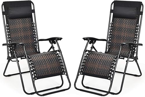 Miniatura 9 de Tangkula Sillón de ratán de gravedad cero, silla de descanso plegable para exteriores con almohada extraíble para la cabeza, salón ajustable con
