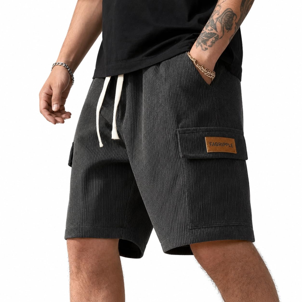 Men's Black Ribbed Cargo Shorts | Textured Corduroy Style Fabric | Elastic Waist with Drawstring | Relaxed Fit Casual Summer Shorts-image-1