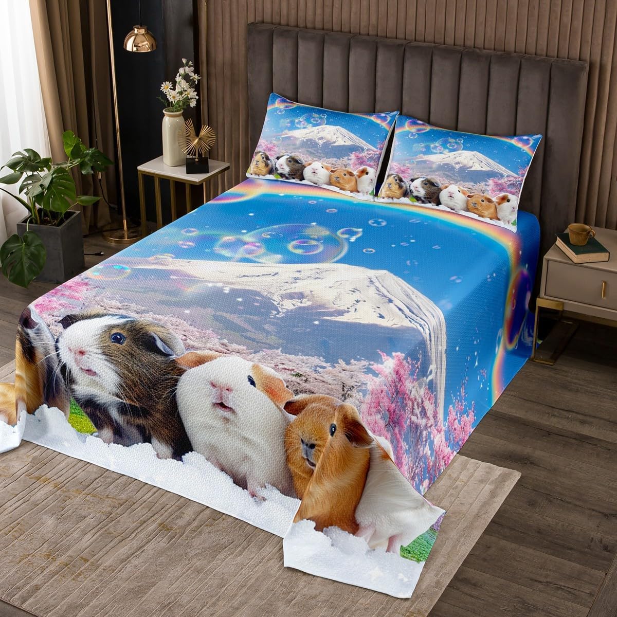 Feelyou Guinea Pig Bedspread for Girls Boys Children Cute Cavy Lovely Pet Quilted Coverlet Rainbow Mountain Landscape Coverlet Set Room Decor Cherry Tree Quilted Twin Size Bedding Collection 2Pcs