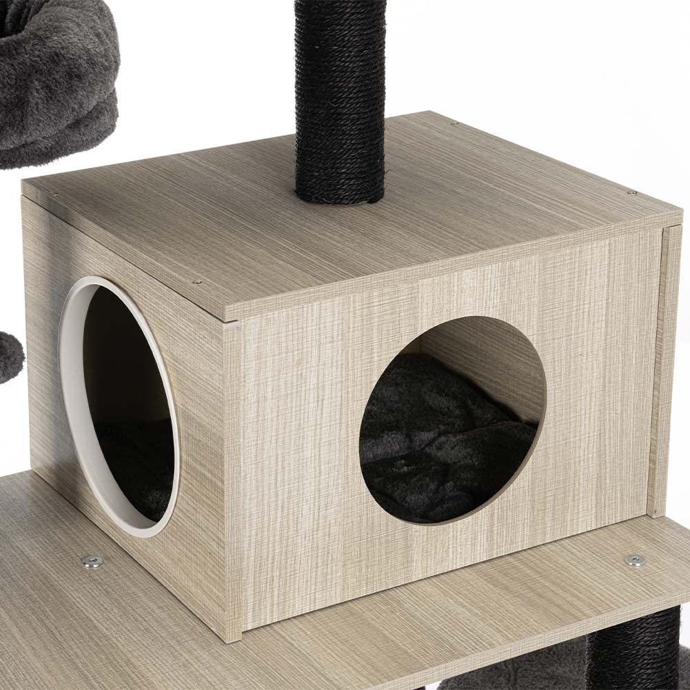 BAKAJI Árbol rascador para arañar Refugio 2 Bolas 2 cuchas, Mantas para Gatos, Animales, felinos, Interactivo, Resistente a los arañazos, Resistente, árbol trepador, Bicolor Beige y Gris