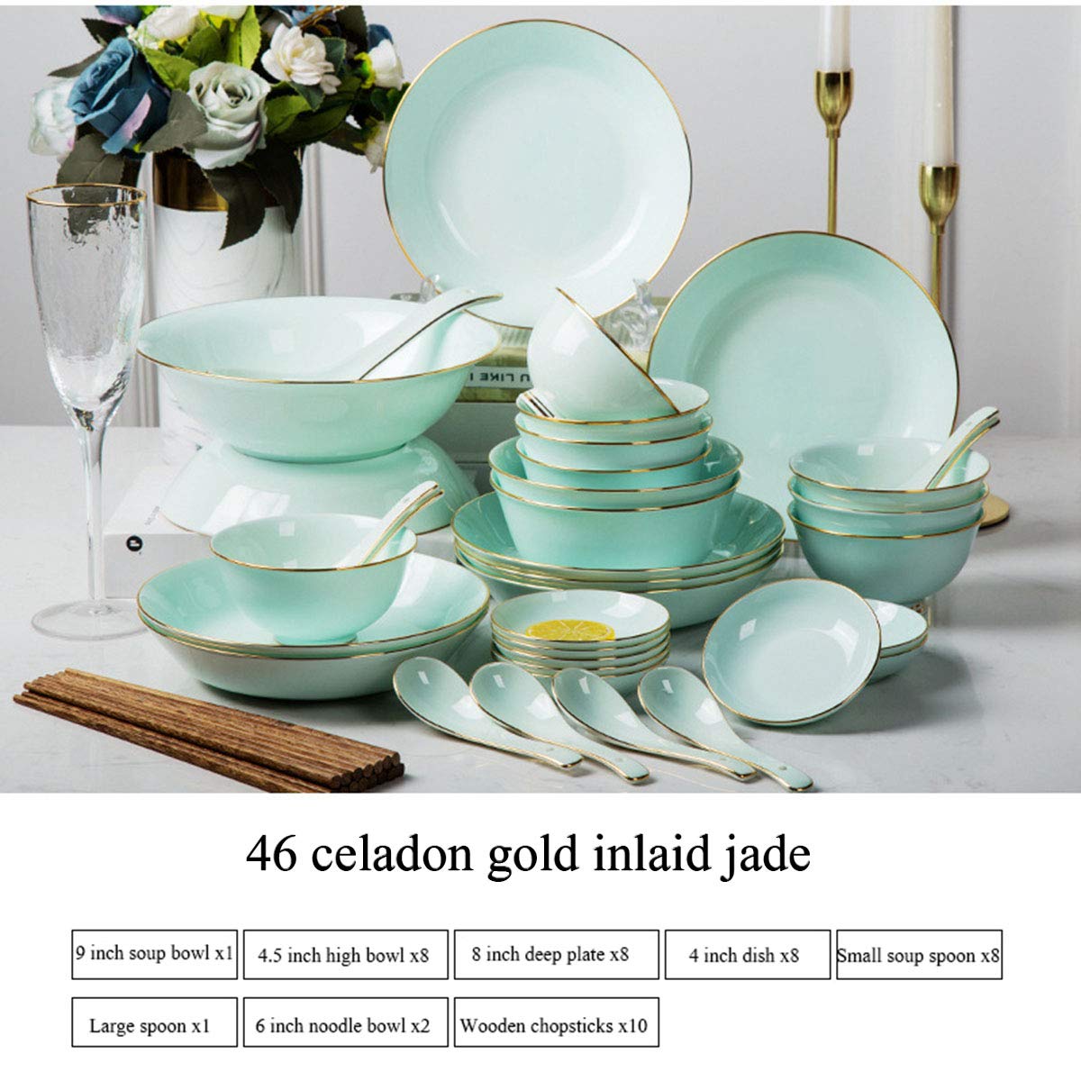 Geschirr-Set aus Steingut, Glasur, 46-teilig, Keramik, Speiseteller, Knochenporzellan, Geschirr-Set für Restaurant/Hotel/Party, Grün