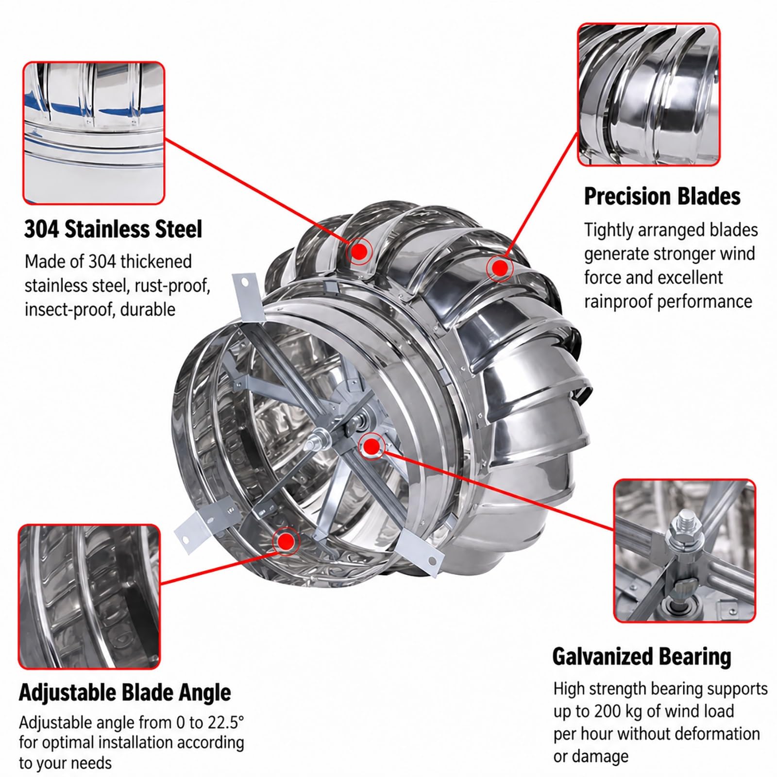 Sombrero de Chimenea De Techo Sombrerete Chimenea Acero Inoxidable 304 | Extractor De Humos Giratorio Campana para Instalaciones Industriales Fábrica Granjas Garaje Extracción Aire 75-500mm(350mm)