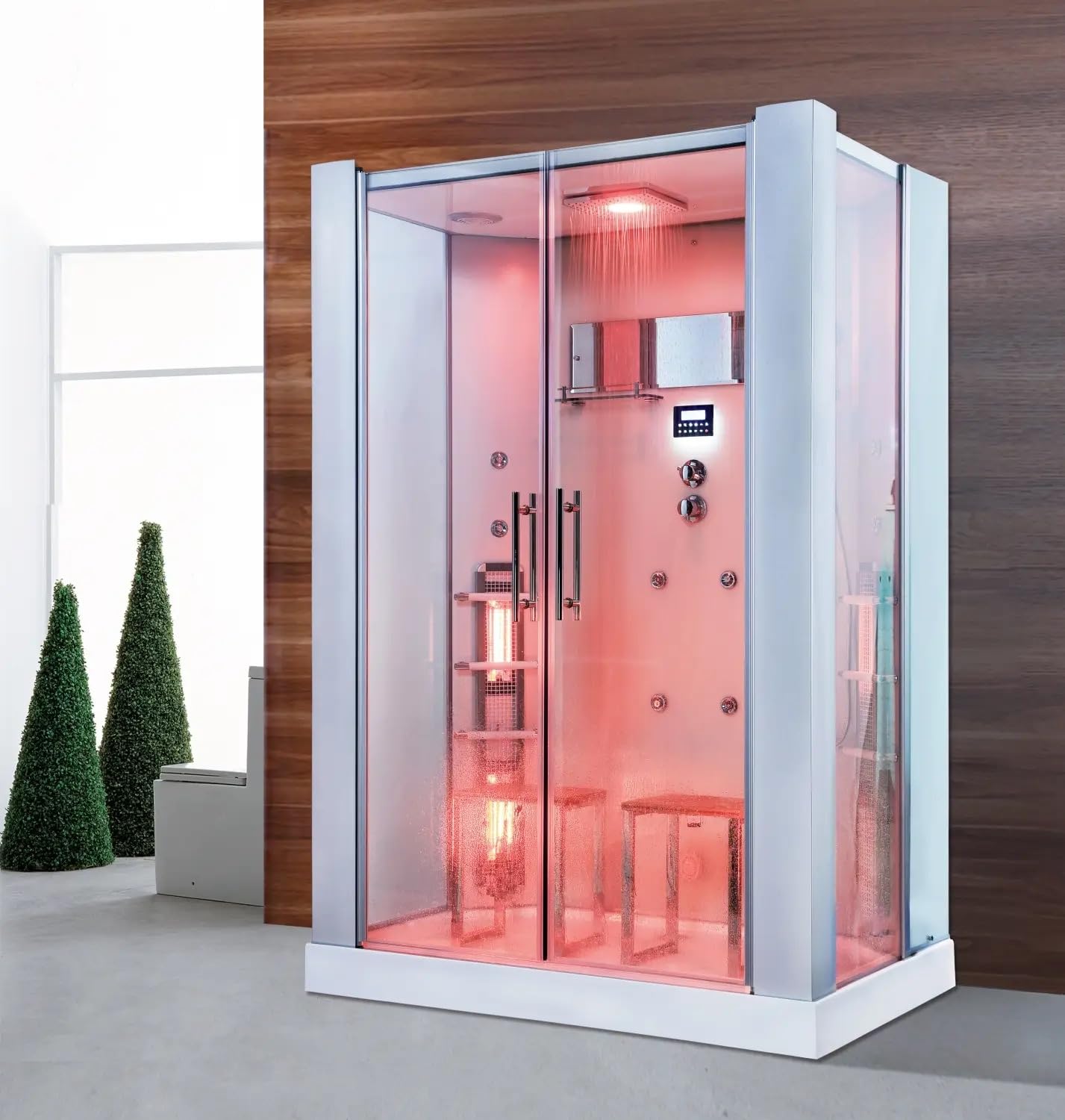 Dampfdusche & Infrarotsauna California 145x90 cm – Wellness-Oase mit 12 Massagedüsen, Regenfalldusche, Aromatherapie, LED-Farblicht, Touchdisplay & Ozondesinfektion aus hochwertigem Sanitäracryl