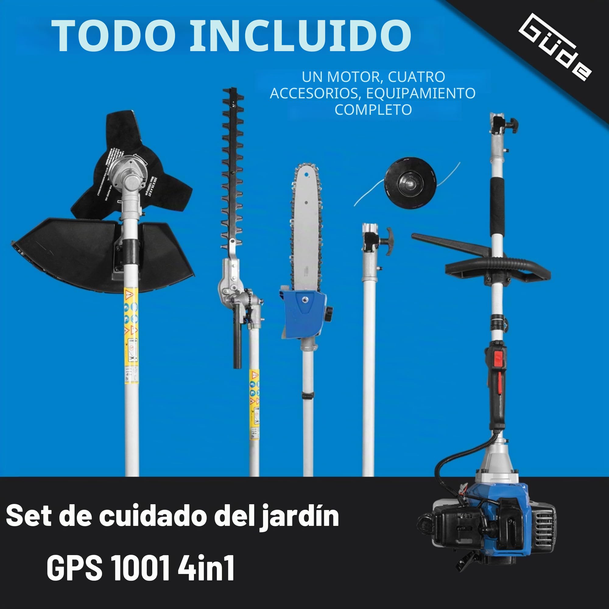 Güde Kit de Cuidado de jardín GPS 1001 4 en 1 (Motor de 2 Tiempos 1,2/1,6 kW/PS), Sierra de Cadena con Espada y Cadena Oregon, desbrozadora, Recortadora, Cortasetos en uno, Incluye extensión,