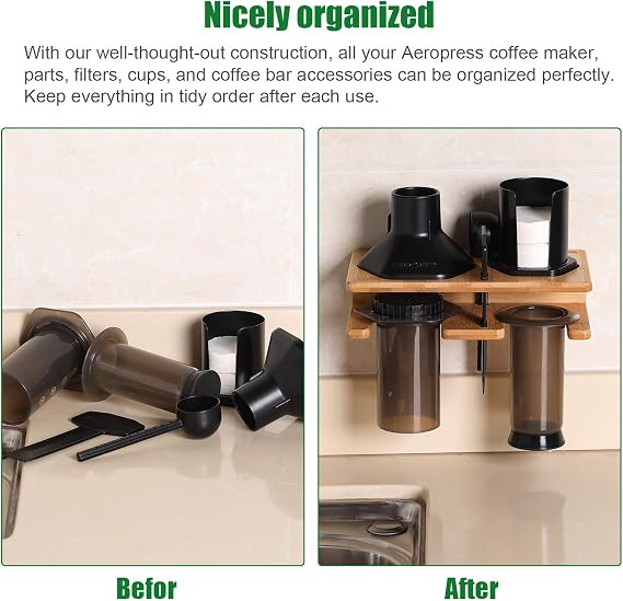 Space Saving Organizer Wall Mount for Aeropress set, Polished Bamboo