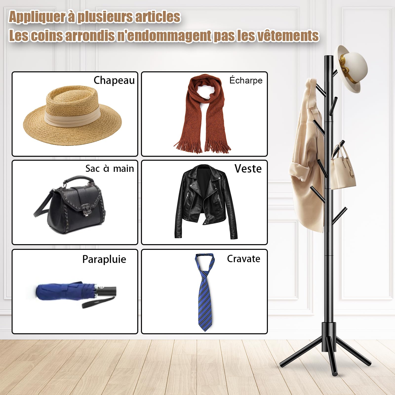 Kasunpul Porte-manteau en bois avec 8 crochets, 3 tailles réglables Porte-manteau en arbre pour la chambre, le couloir, le bureau, les vêtements, les chapeaux