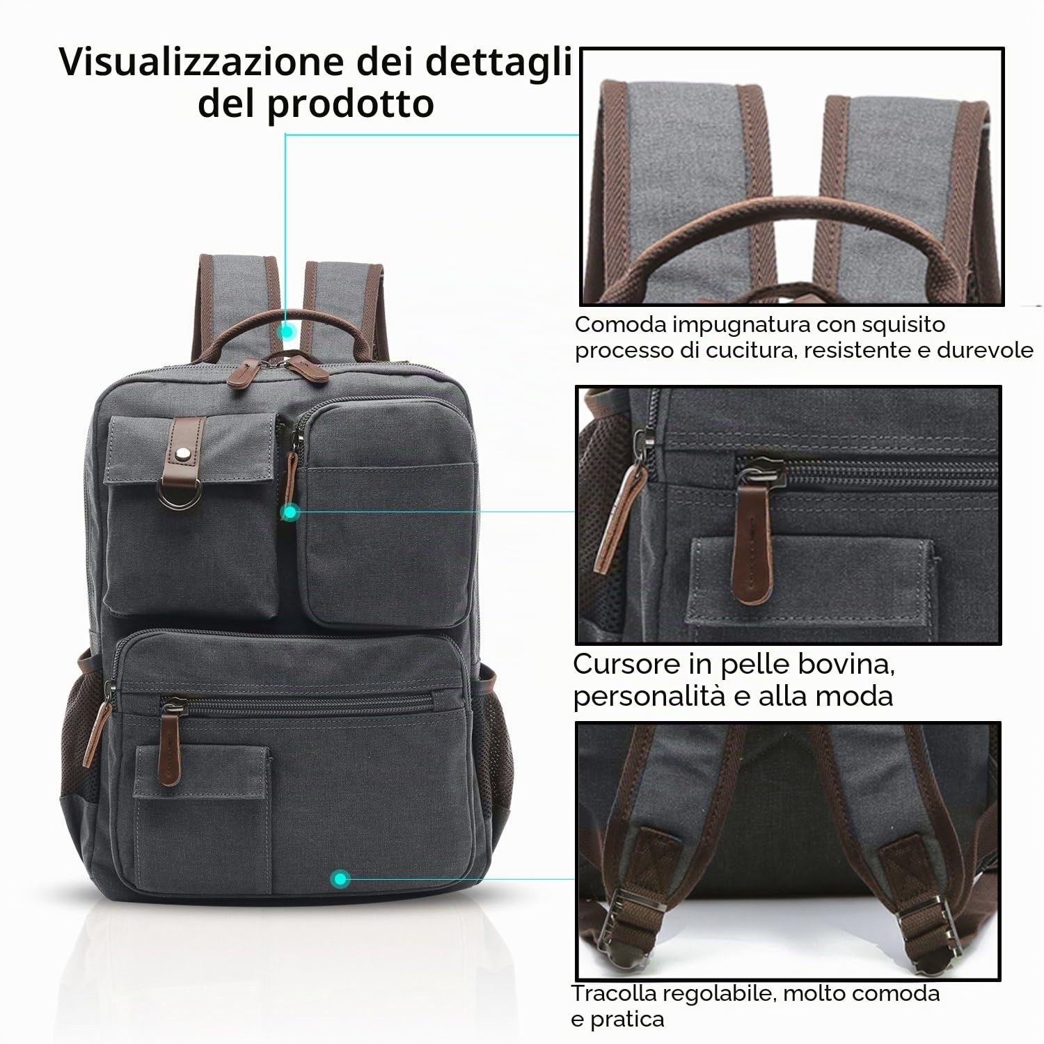 FANDARE Retro Zaino Uomo Business Multi-pocket Rucksack Student Outdoor Viaggio Daypack Traspirante Tela