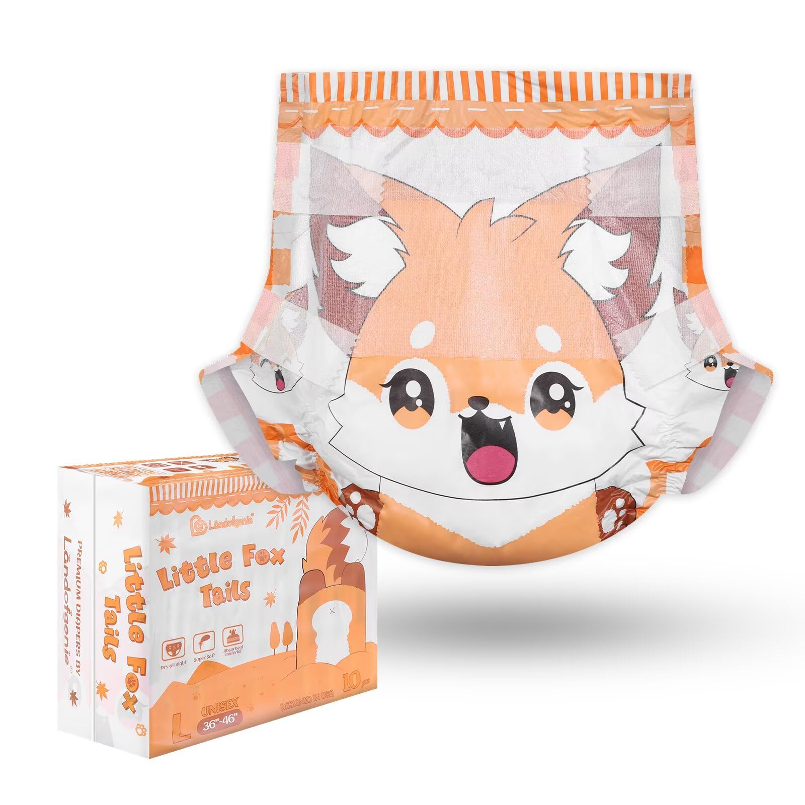 Landofgenie Windeln für Erwachsene, mit verstellbarem Klettverschluss, bedruckt, Fuchs, Größe L 91,4 cm - 116,8 cm, 10 Stück