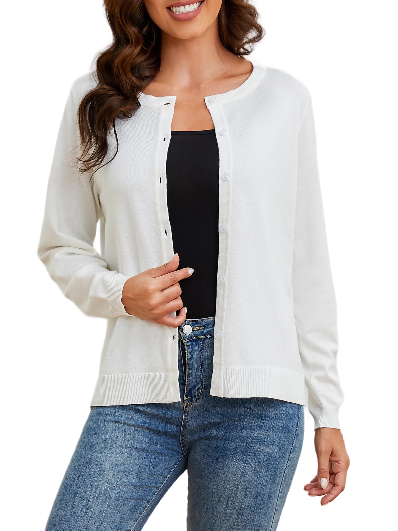 SPARKLE & SKYCardigan for Women Lightweight: Crew Neck Button Cardigan Sweaters - Classic Long Sleeve Knit Cardigans for Fall Spring