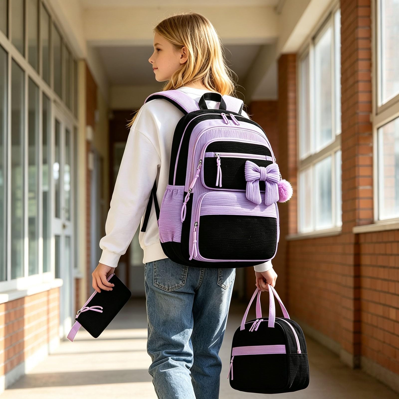 Kinder Schulrucksack Set 3 Teilig Rucksack Lunch Tasche | Leichter Begleiter mit mehreren Taschen, süßer Stil, perfekt für Kindergarten, Schule und Alltag