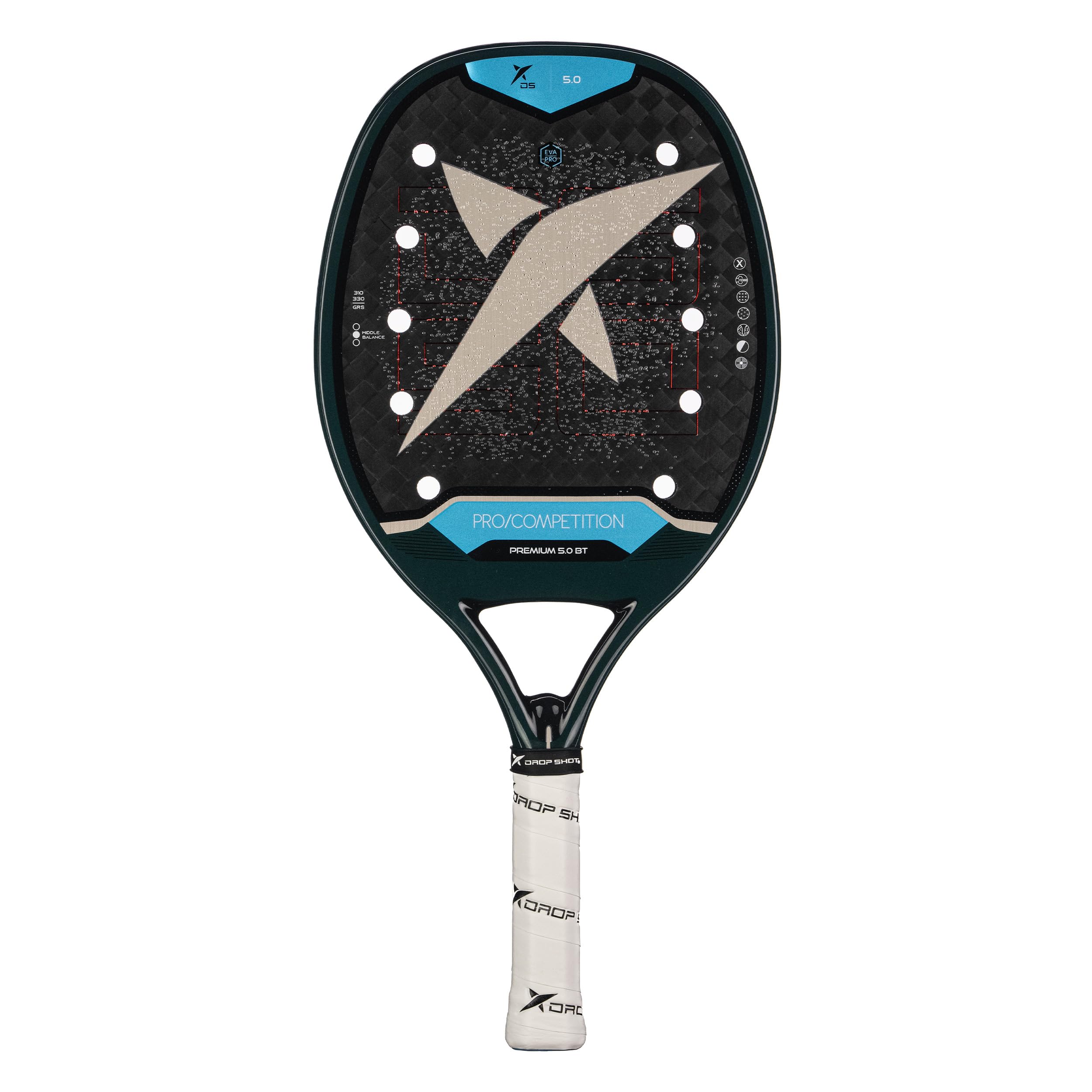 Drop Shot Premium 5.0 BT Beach Tennis Racket | 12K Carbon Fiber | EVA Pro Core | Sand Treatment & 3D Face for Maximum Spin | Anti-Vibration System | Professional Power & Control