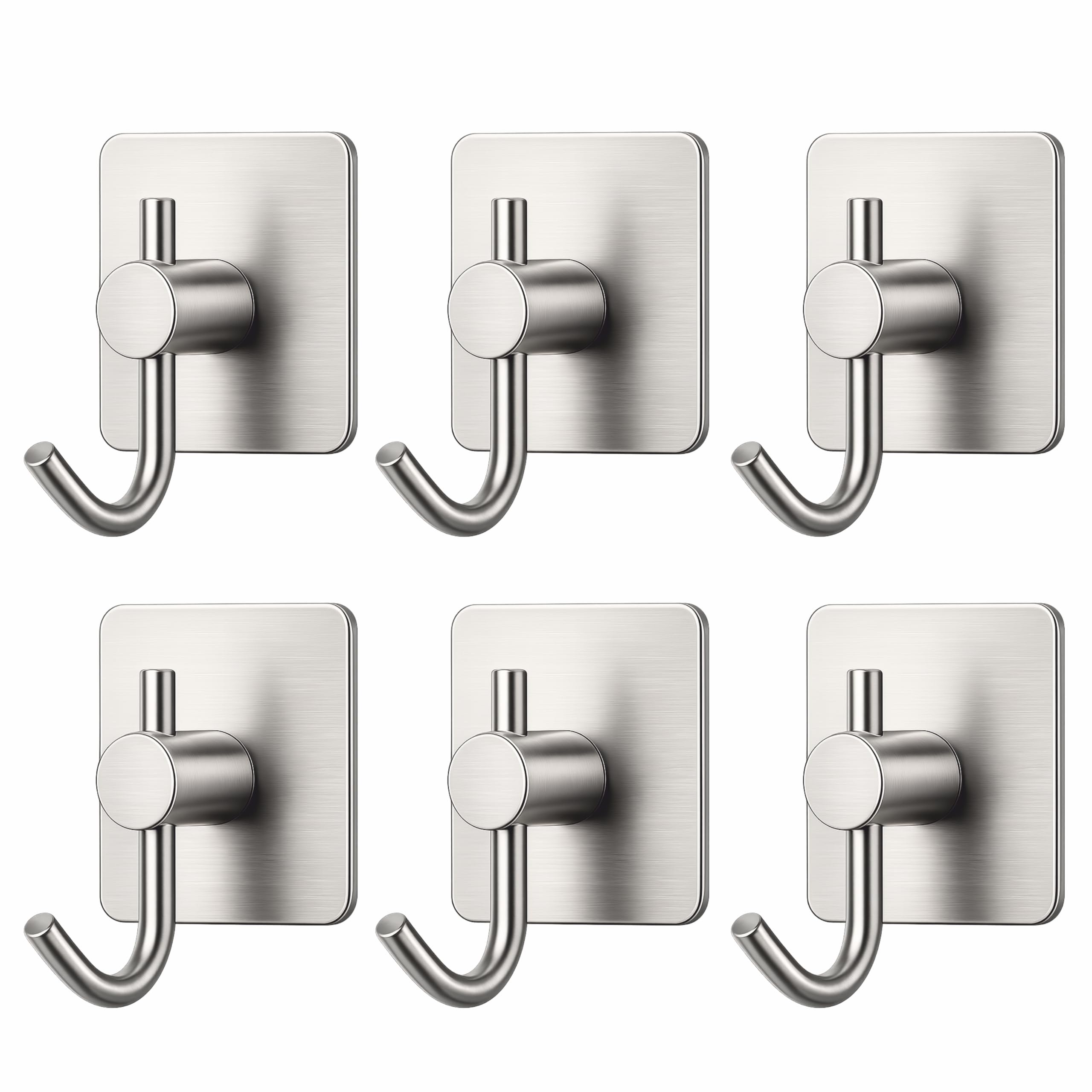 JIALTO 6 pcs Self-Adhesive Stainless Steel Hooks: Heavy-Duty Wall Hanging Solution for Bathroom & Kitchen - Waterproof, Drill-Free, Strong Coat/Towel Wall Hooks (Big Square Silver Hook)