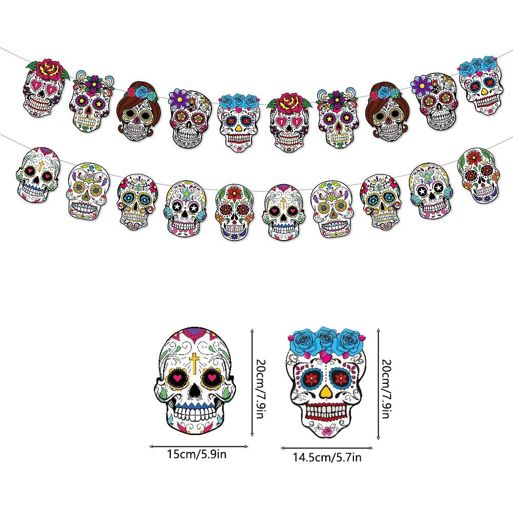 2 Pack Day of The Dead Decorations Banner,Dia De Los Muertos Skull Pennant Banner Men and Women Sugar Skull Garland Bunting Banner for Halloween Mexican Fiesta Party Day of The Dead Decorations - Image 2