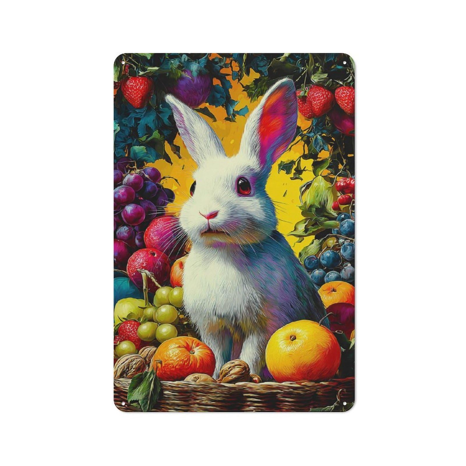 Junmoney Colorful Bunny Amidst Fruits -1 Metal Plaque 30X20cm With For Hallway Wall, Retro Decor, For Themed Interiors In Hallways And Entrance Areas
