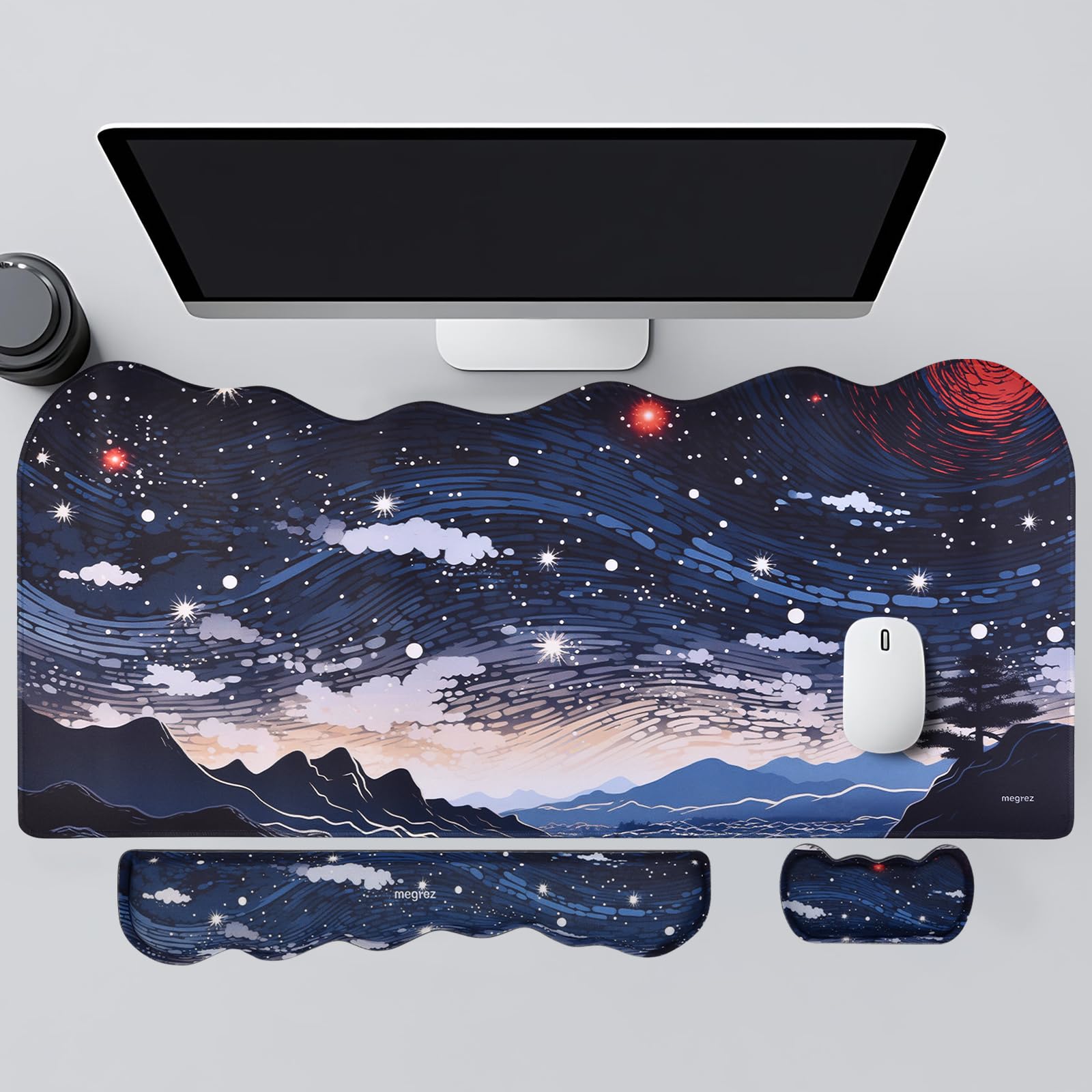 MEGREZ Ergonomic Memory Foam Wrist Support Set, Desk Pad + Wrist Rest + Keyboard Wrist Rest, Non-Slip Base Wave Shape Desk Pad Mat for Home/Office,