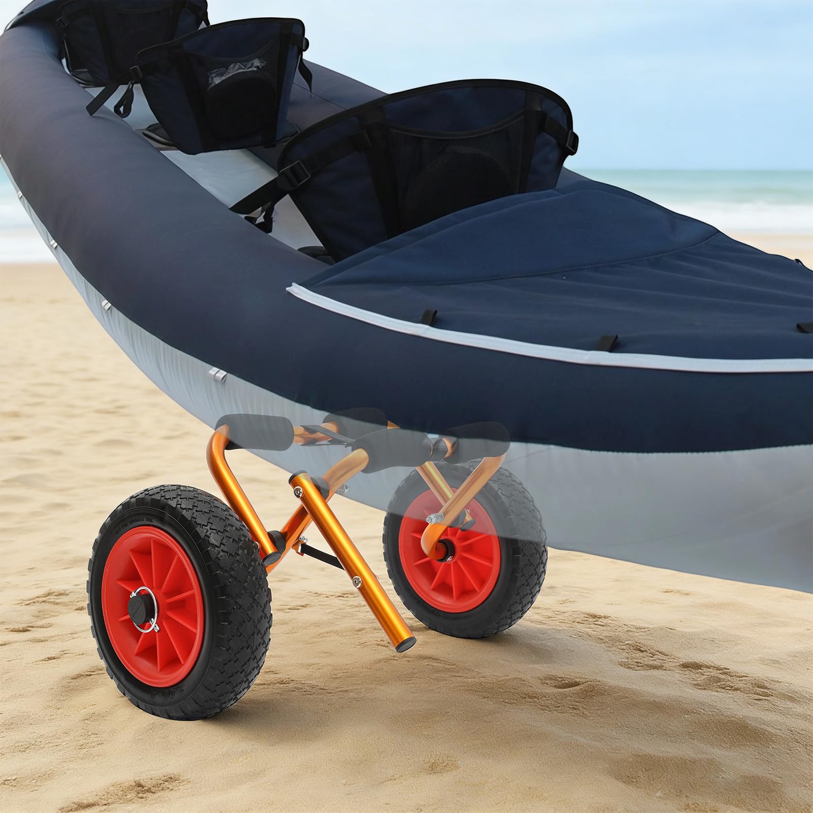 Składany wózek kajakowy z aluminium, wózek surfingowy z pełnymi gumowymi oponami i hamulcem, nośność 80 kg, do transportu kajaków, sportów wodnych, na plażę, kemping, kolor pomarańczowy, czarny