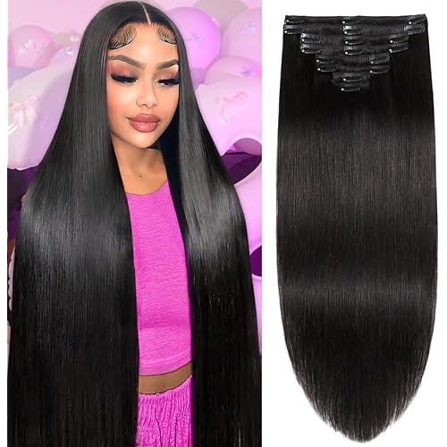 Clip in Hair Extensions Real Human Hair, 20inch 110g/3.8oz, 100% Brazilian Remy Human Hair Clip ins for Women, Straight Seamless Double Weft Hair Extensions, Invisible 8pcs, #1B Natural Black