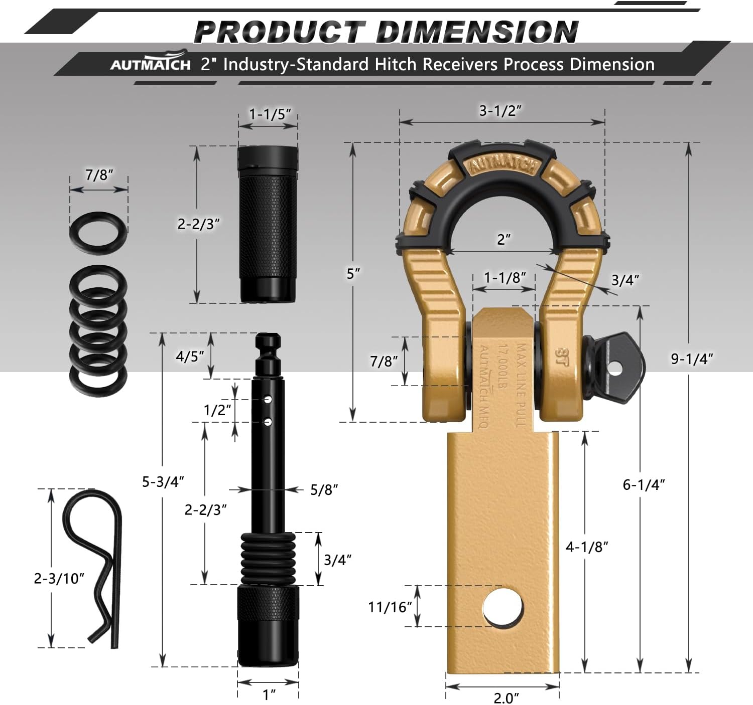 AUTMATCH Shackle Hitch Receiver 2" with 3/4" Mega D Ring Shackle and 5/8" Trailer Hitch Lock Pin, 68,000 Lbs Break Strength Heavy Duty Receiver Towing Kit for Off-Road Vehicle Recovery, Gold - Image 3
