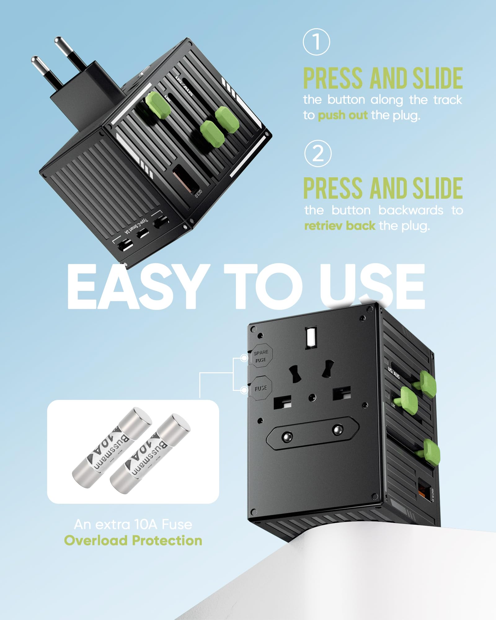TenTrend - Adaptador universal de viaje, adaptador de corriente internacional de 70 W con 4 puertos USB-C y 1 USB-A, adaptador de enchufe de viaje europeo, esencial de viaje en todo el mundo para la