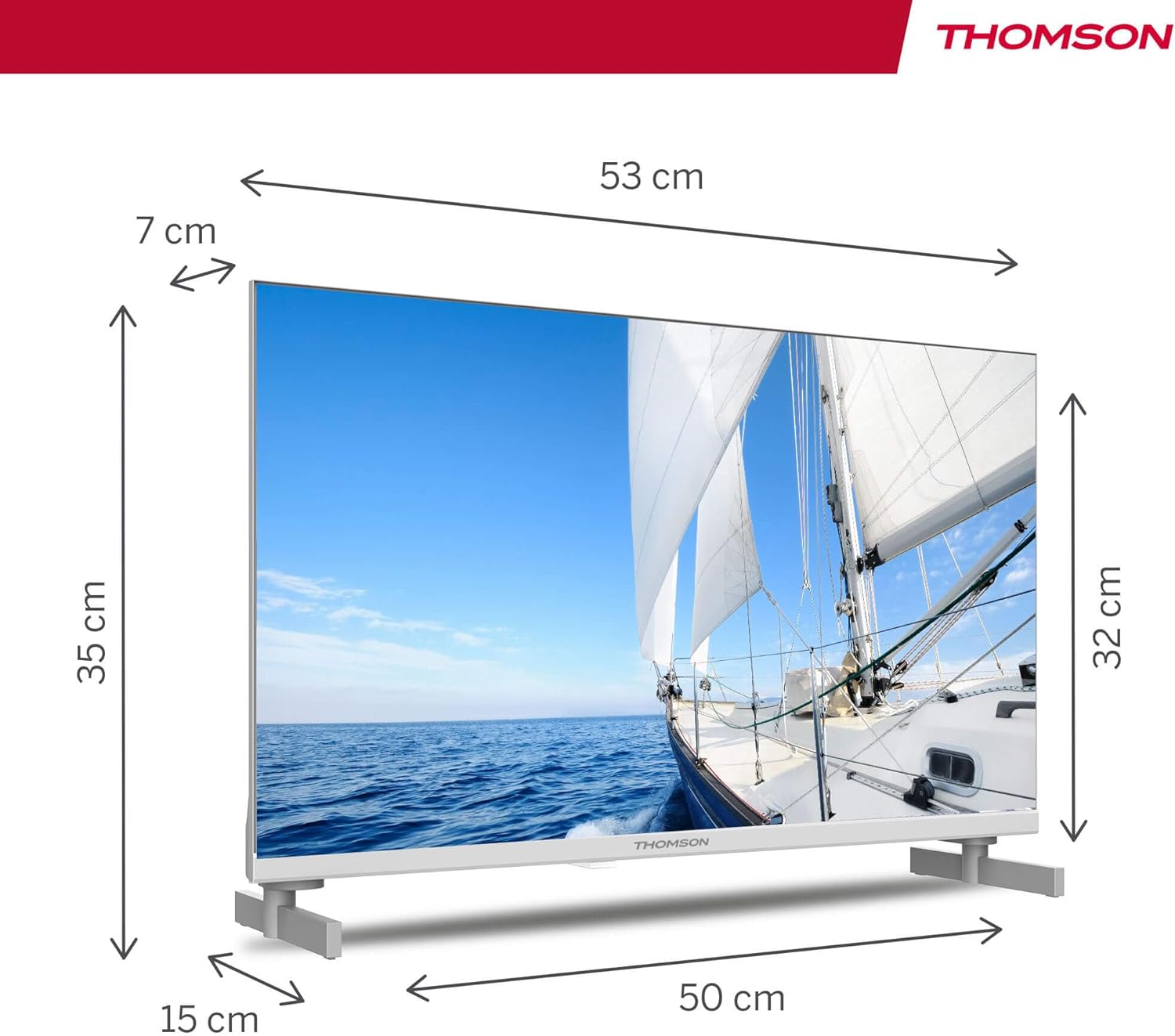 Mberi view of THOMSON 24-inch HD Google TV with dimensions: 53 cm width, 35 cm height, 15 cm depth.