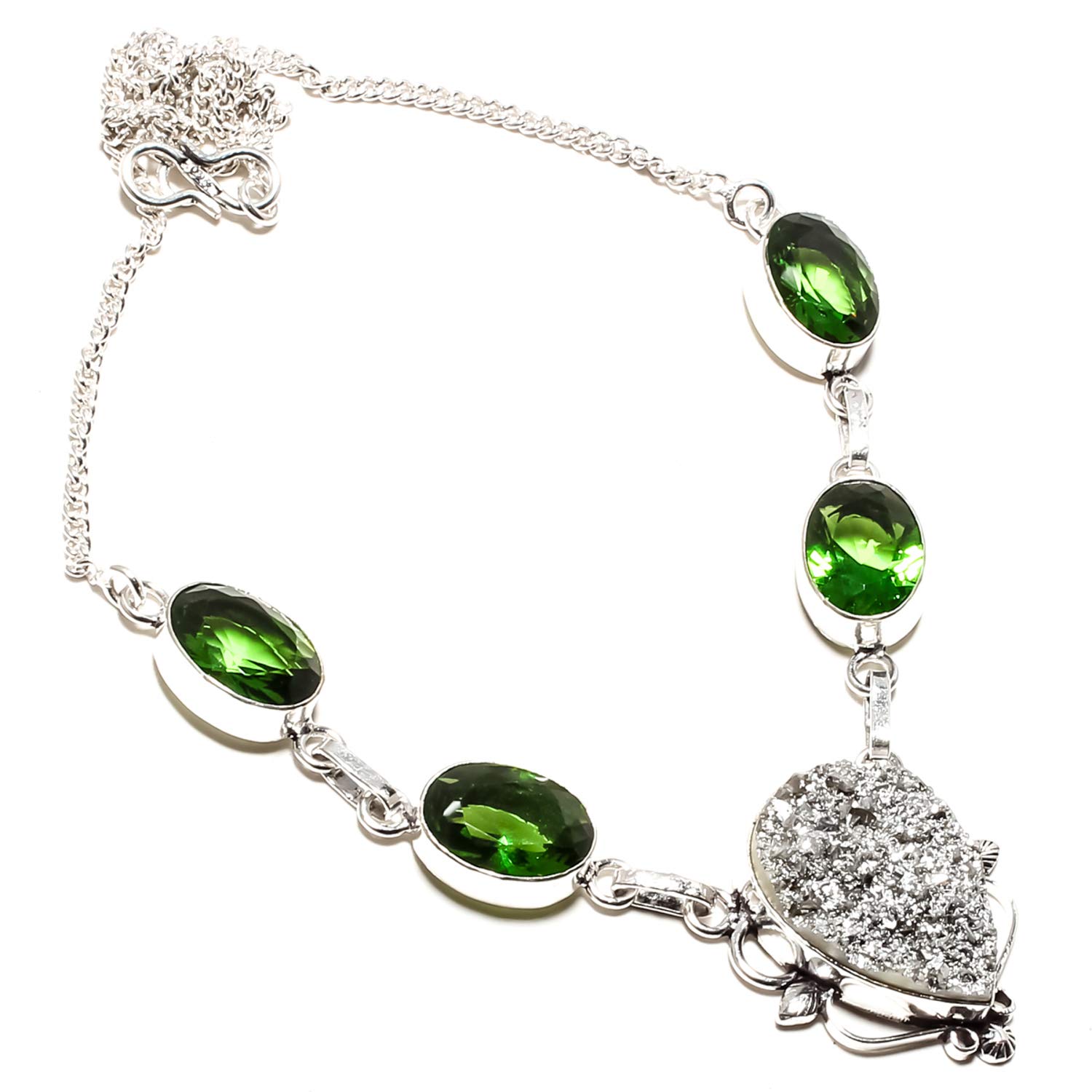 jewels paradise Silver Druzy & Green Peridot Gemstone Necklace Handmade 925 Sterling Silver Plated Jewelry -Adjustable Link Chain Necklace - (SF-1325)