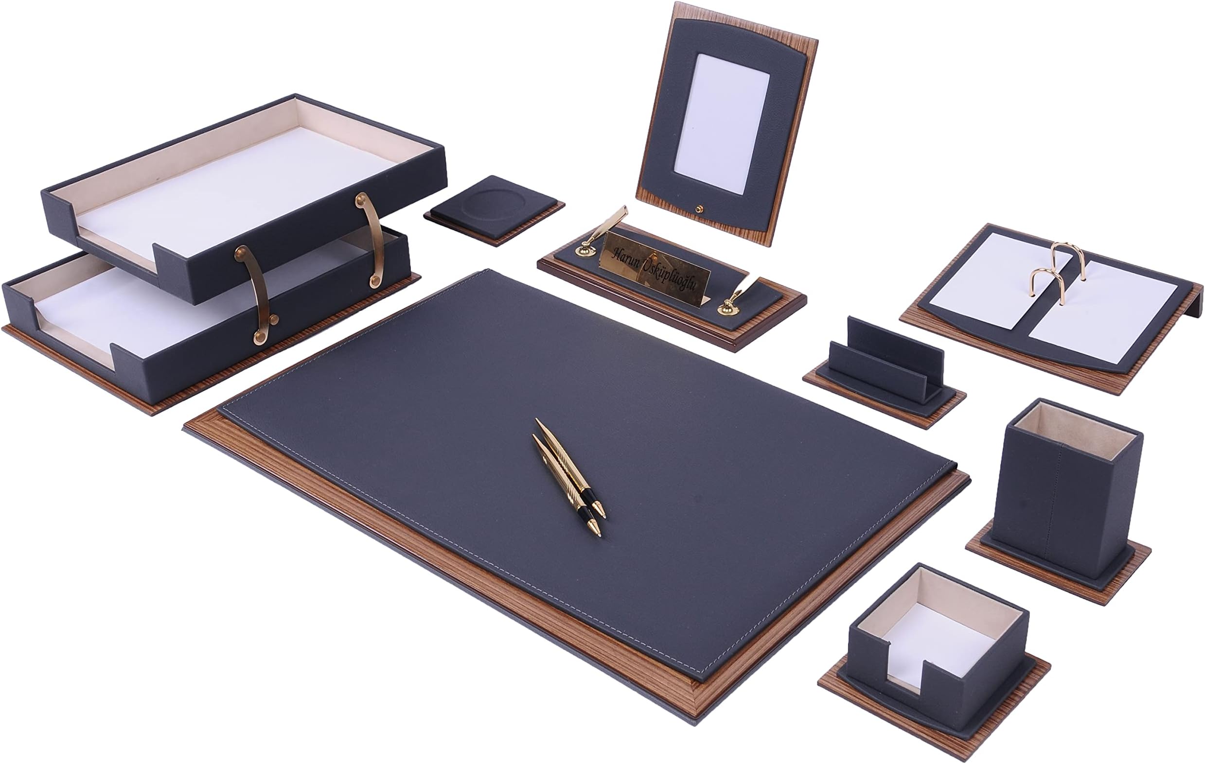 Leather Desk Set - Leather Organizer Desk Set - Walnut Wood Desk Set - Office Product - Office Desk Accessories - Home Office Accessories - Desk Supplies - Desk Accessories Set - 11 PCS (Gray)