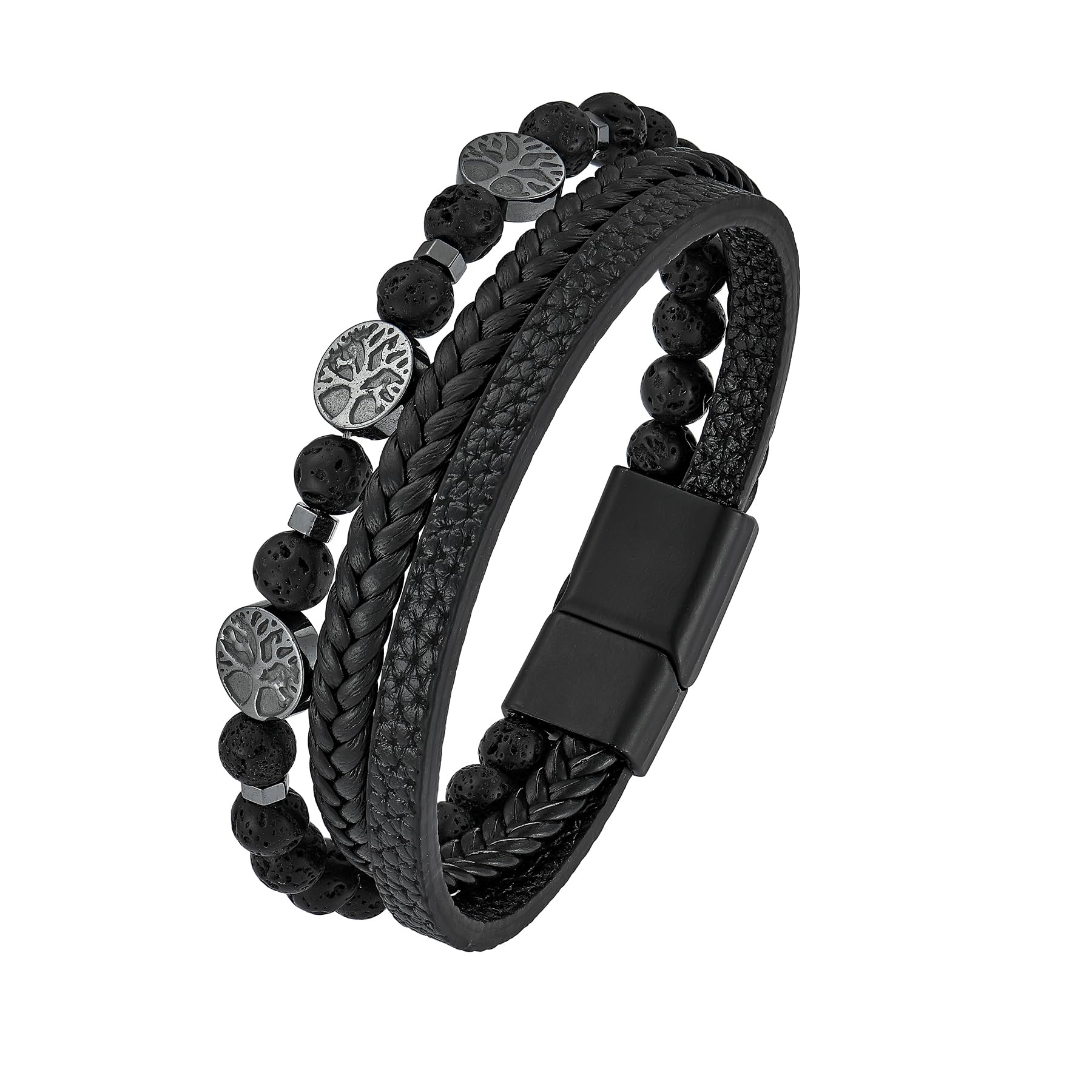 TIMFROZ Mens Leather Tree of Life Bracelet Multi Layer Braided Natural Stone Tiger Eye Obsidian Lava Rock Beads