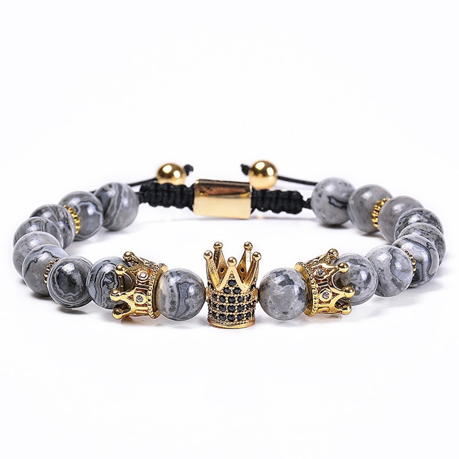 Wycian Armband für Frauen, Zirkonia Armband Herren Perlen Achat Kristall Grau Metalllegierung Elastische Natursteinperlen mit Krone 18cmx8mm Naturstein