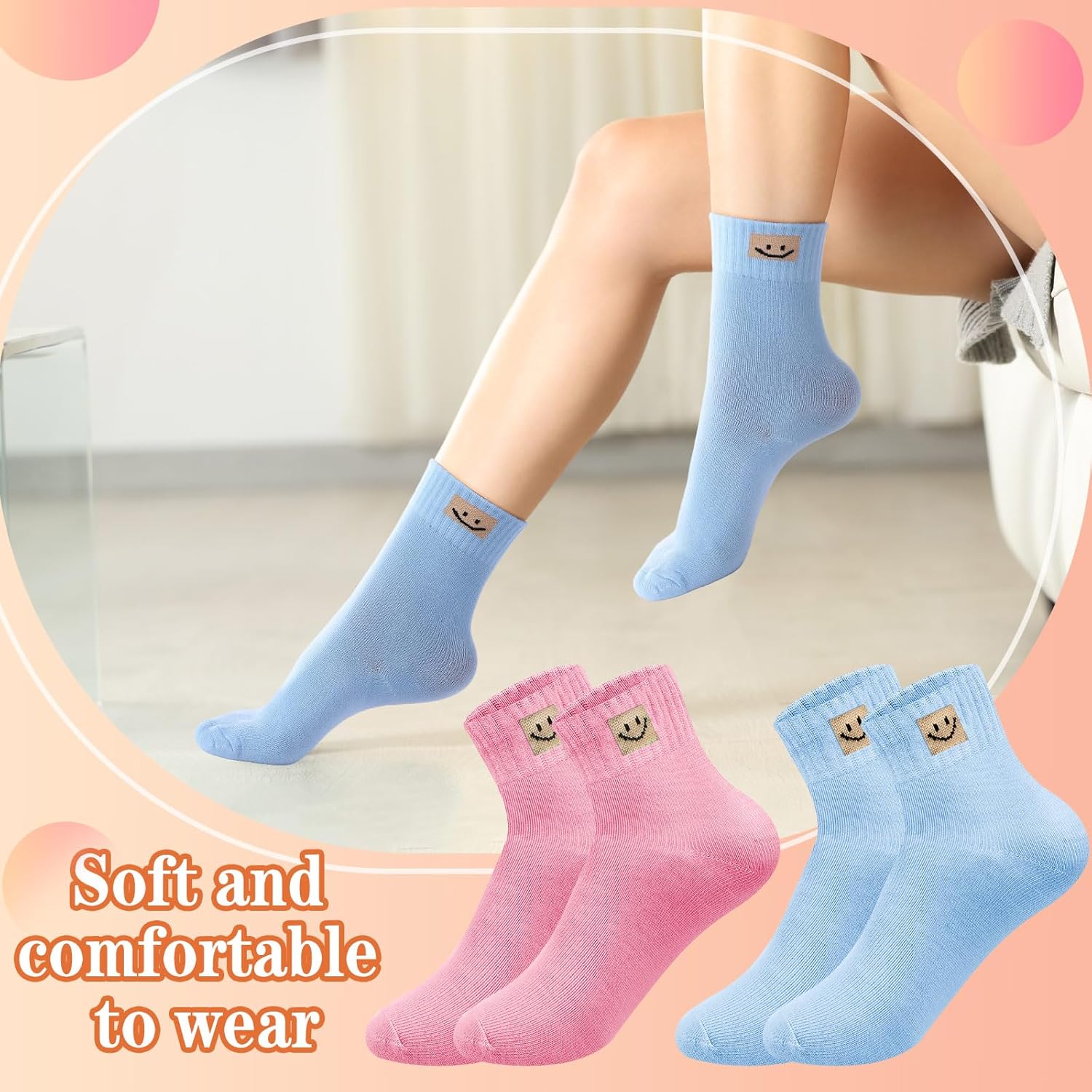 Funtery 20 Pairs Ankle Socks for Women Crew Elastic Ankle Valentines Day Gift Smiling Elastic Length Cotton Cute Crew Socks - Image 2