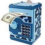 Qwifyu Piggy Bank for Boys Girls, 4 5 6 7 8 9 10 Year Old Girl Boy Birthday Gift Ideas, Electronic Password Money Saving Box ATM, Great Gift Safe Bank Toys for Kids (Camouflage Blue)