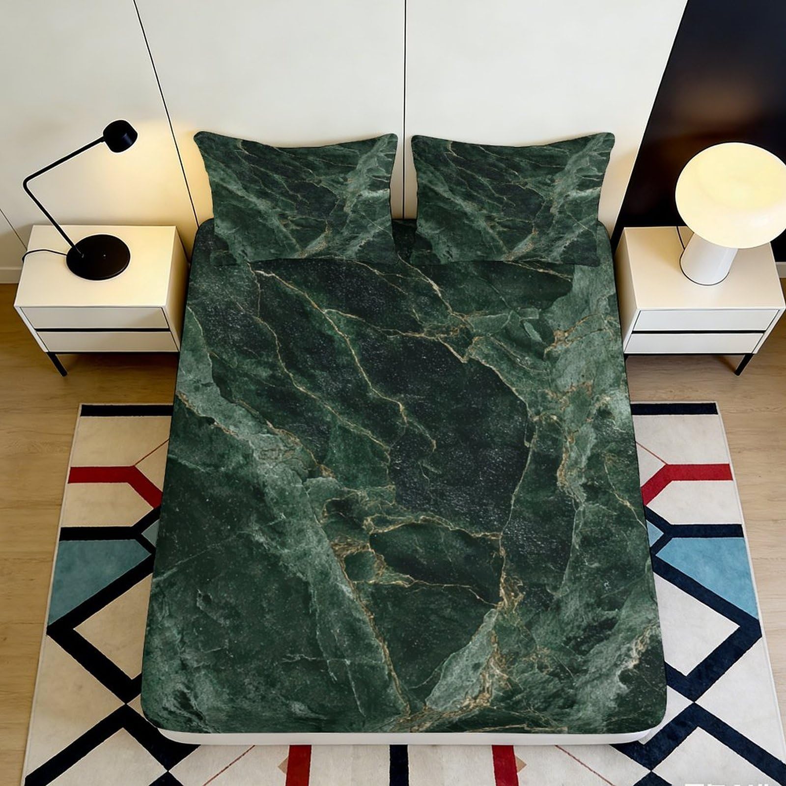 3D Printed Emerald Marble Fitted Sheet Microfiber Soft Green Stone Bed Sheet for Bedroom Guest Room Decor Protection 180x200x25cm