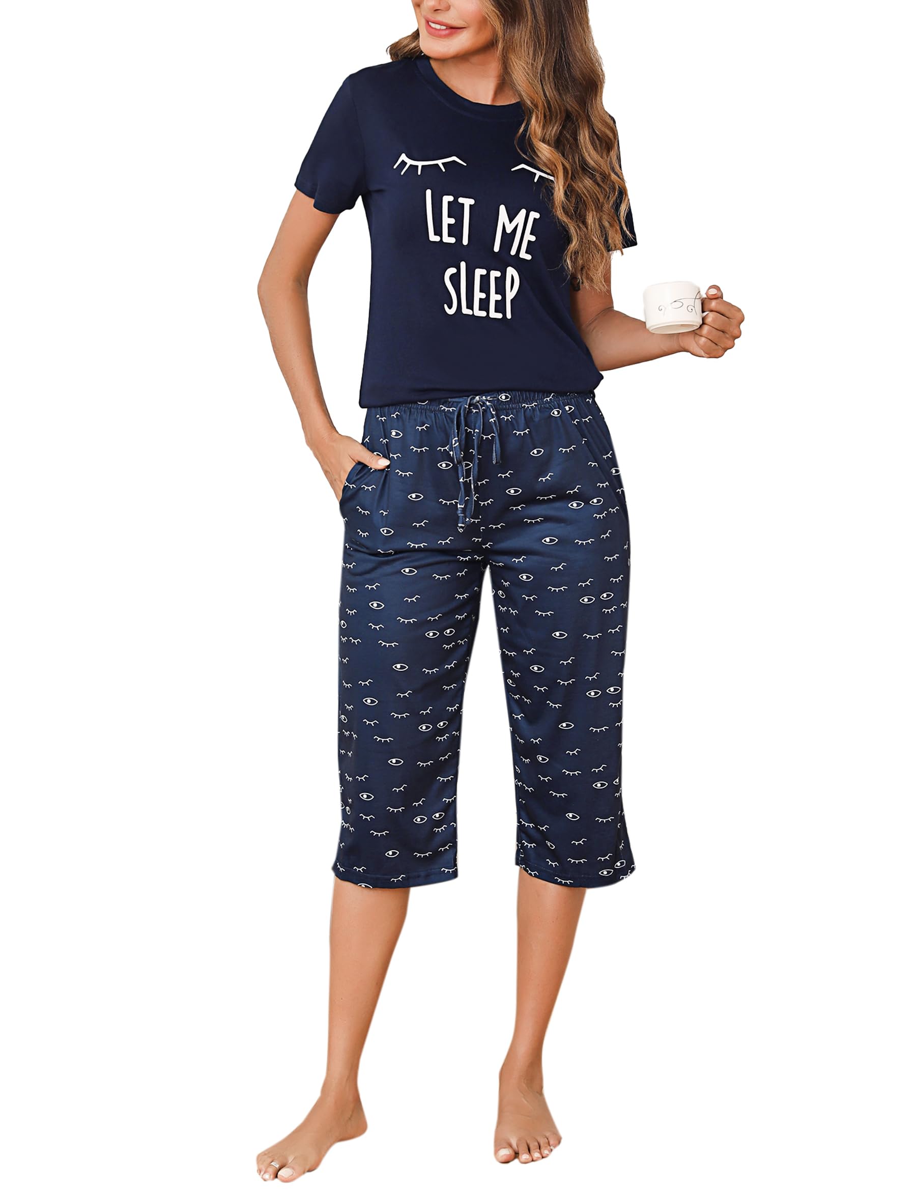 Uniexcosm Schlafanzug Damen Kurz Baumwolle Pyjama Set Zweiteiliger Kurzarm Nachtwäsche Wimperndruck Oberteil und 3/4 Hose Sleepwear