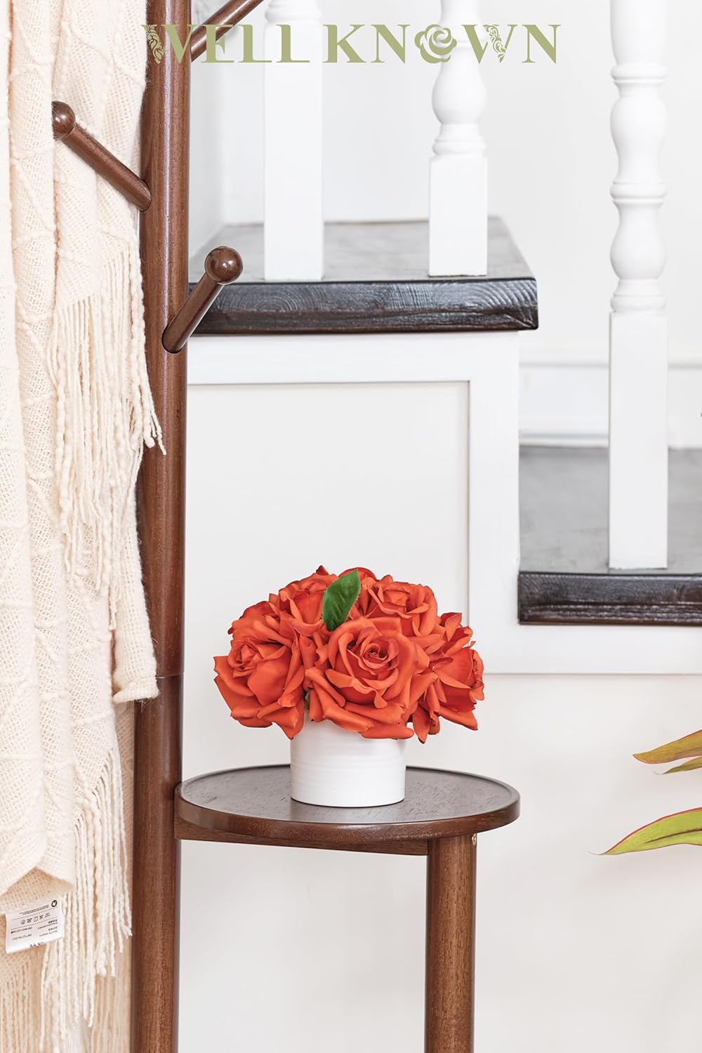 WELL KNOWN Artificial Flowers in Vase, Silk Rose Arrangement Mini Potted Realistic Fake Flowers with Ceramic Vase for Wedding Vanity Centerpiece Coffee Table Bathroom Anniversary Decor (Burnt Orange)